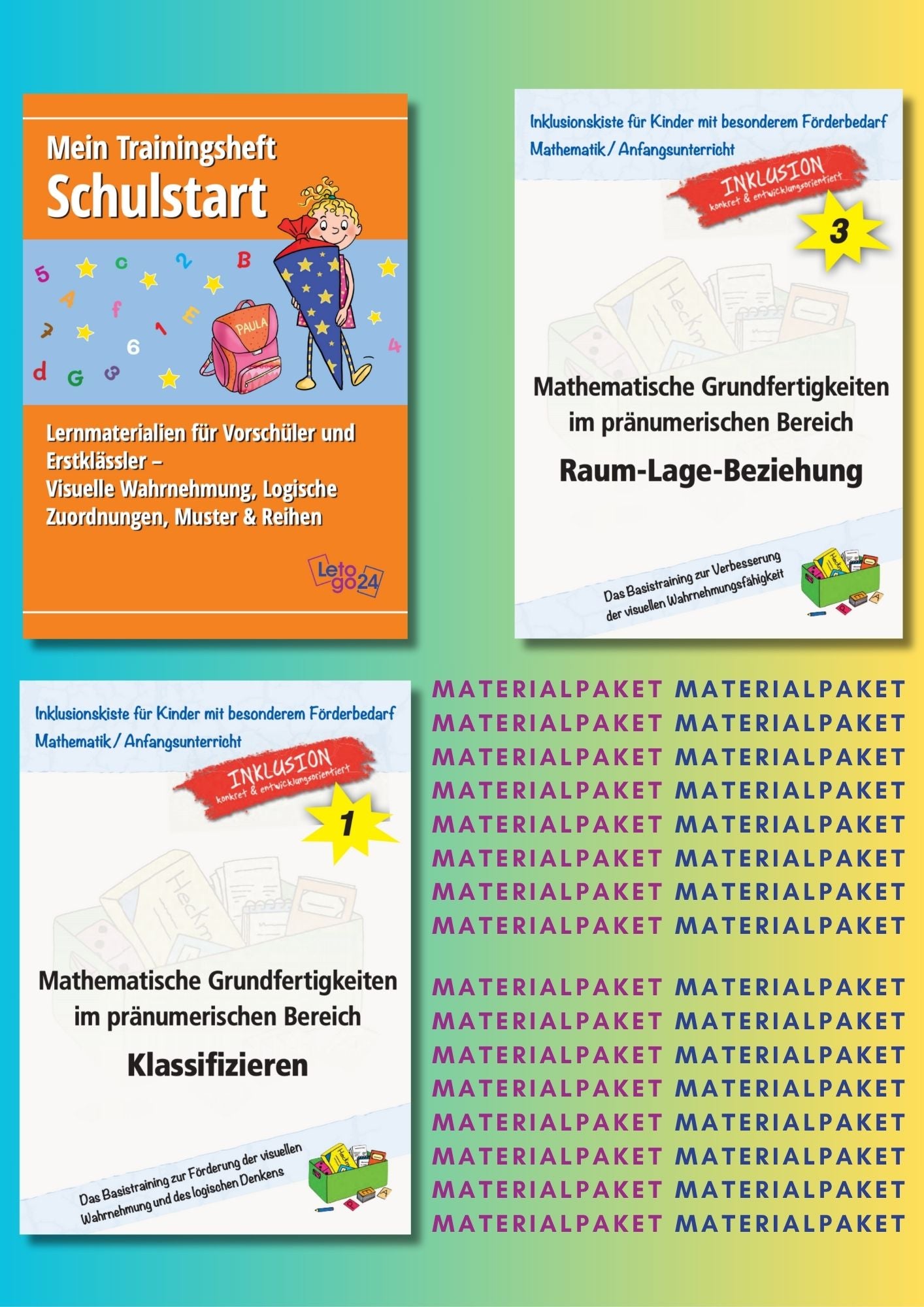 Cover des Materialpakets ‚Vorschule‘ mit Abbildungen der drei enthaltenen Hefte: ‚Mein Trainingsheft Schulstart‘, ‚Klassifizieren‘ und ‚Raum-Lage-Beziehungen`