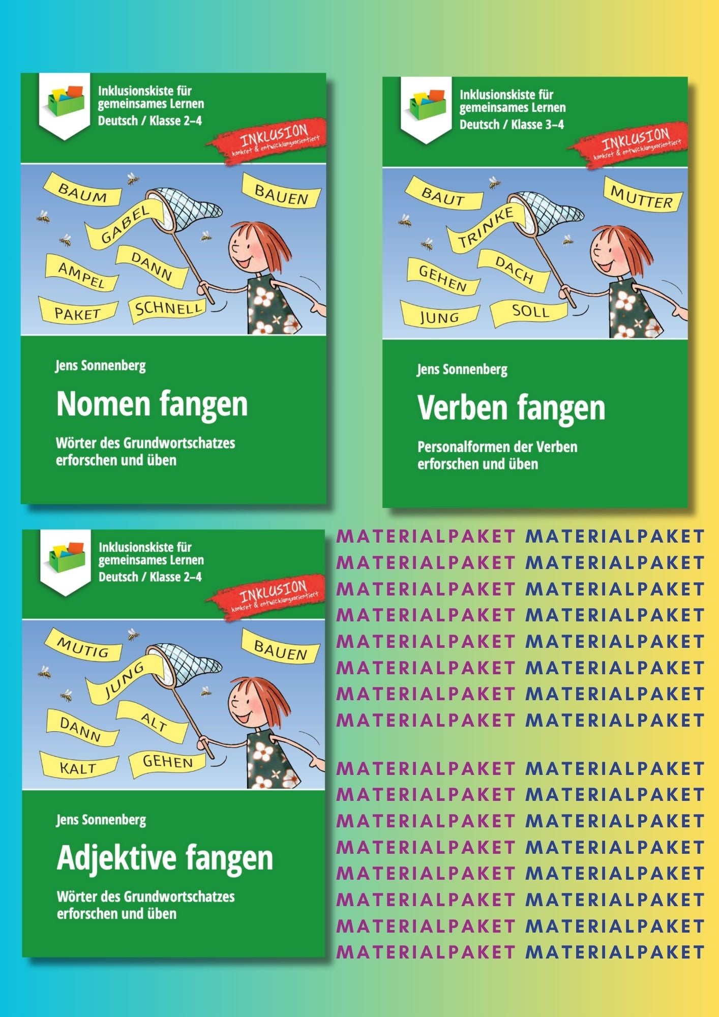 Cover des Materialpakets "Wörter fangen" mit drei farbenfrohen Titelbildern der enthaltenen E-Books.
