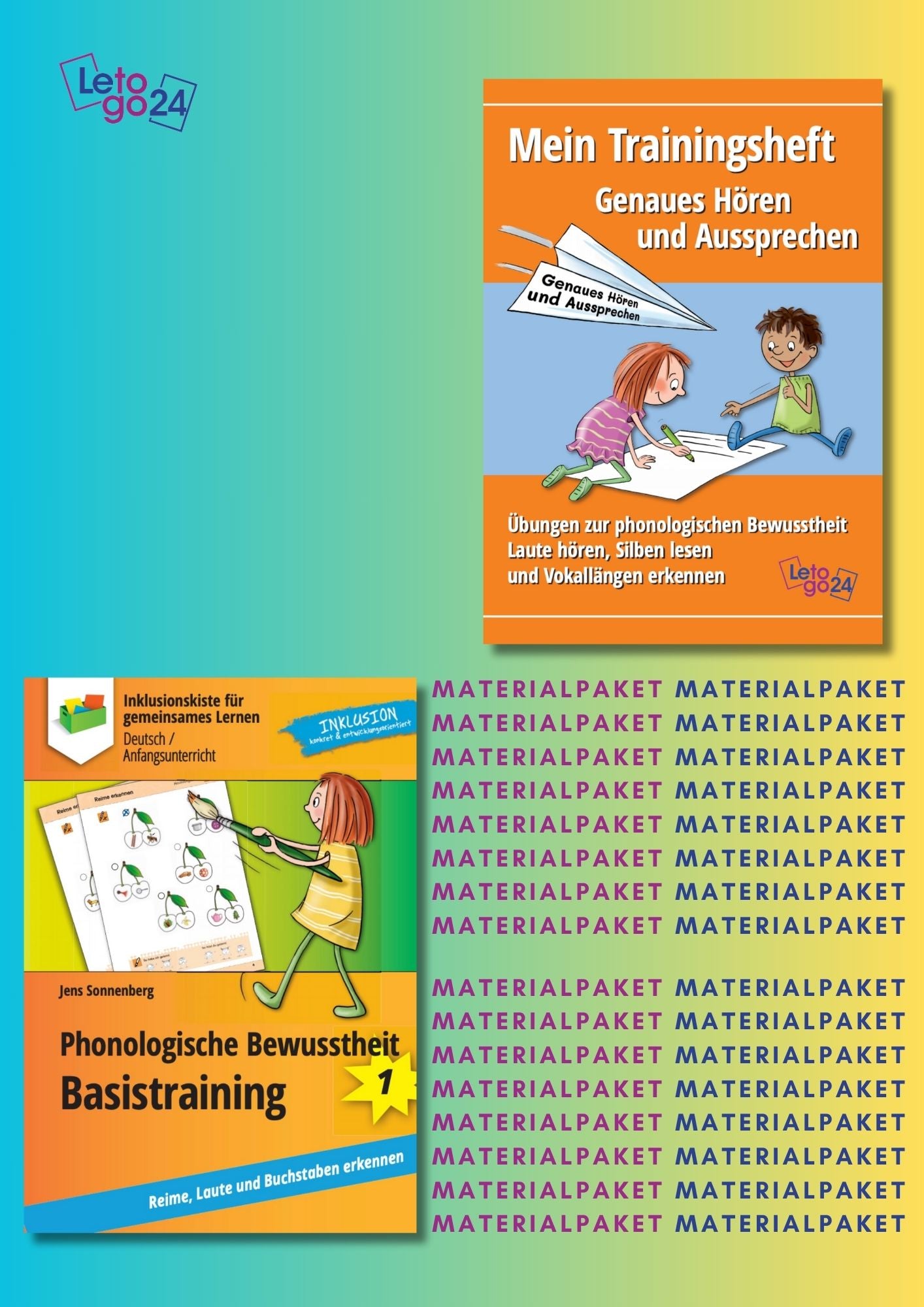 Cover des Materialpaketes für Grundschüler: `Phonologische Bewusstheit`; zeigt zwei Abbildungen der enthaltenen E-Books.