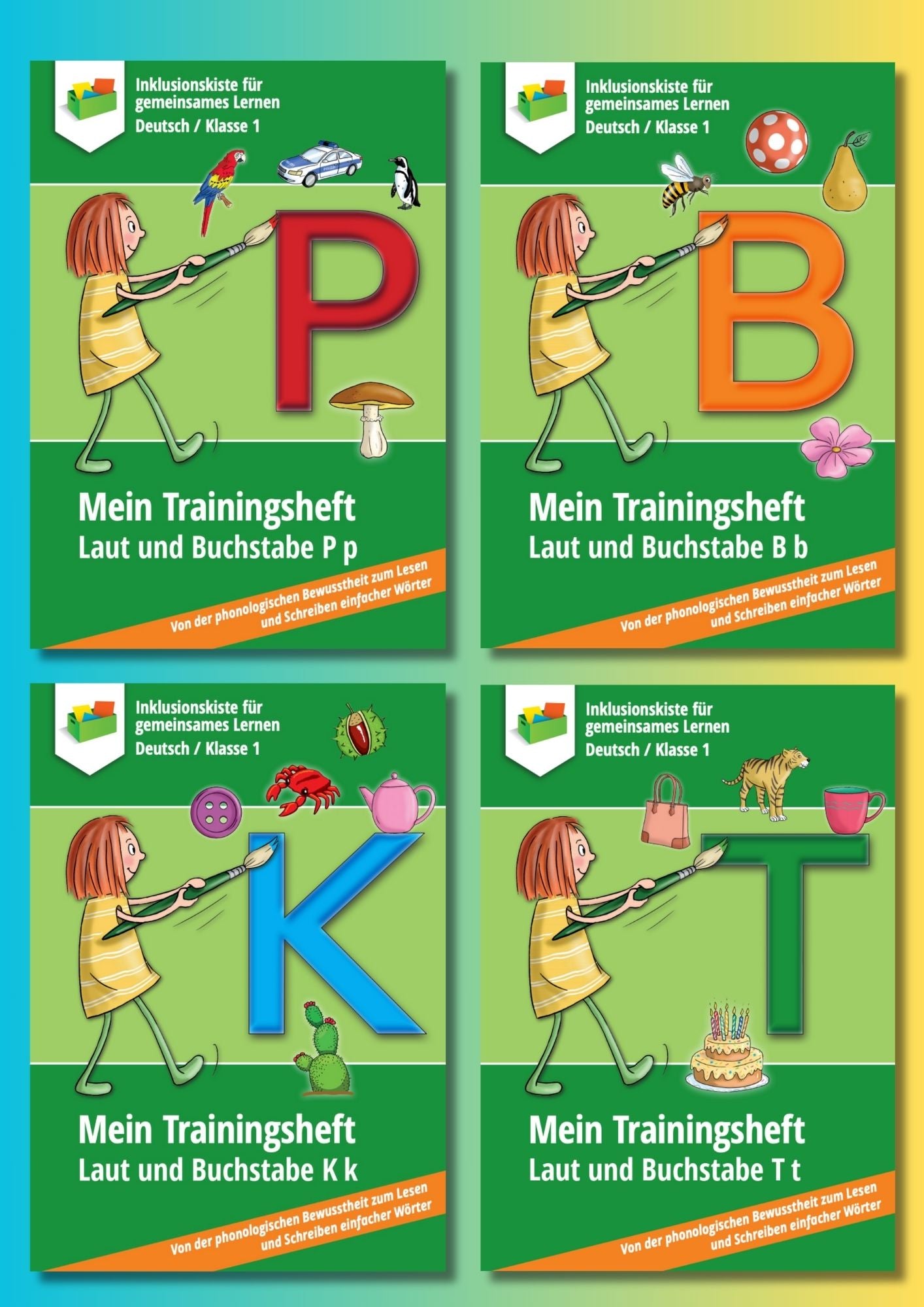 Cover des Materialpakets ‚`Meine Trainingshefte K, P, B und T‘; zeigt vier Abbildungen der enthaltenen E-Books.