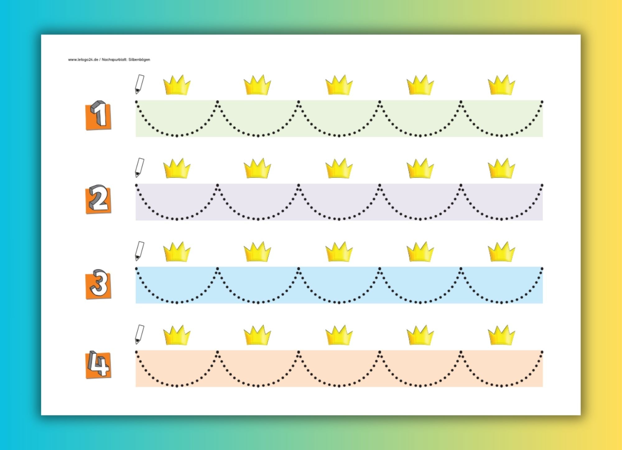 Cover des Arbeitsblattes zum Nachspuren von Silben zeigt vier große Zeilen, die mit unterschiedlichen Farben unterlegt sind. In der Zeile sind mit Punktlinien fünf Silbenbögen zum Nachspuren dargestellt. Über jedem Silbenbogen befindet sich eine gezeichnete gelbe Silbenkrone.