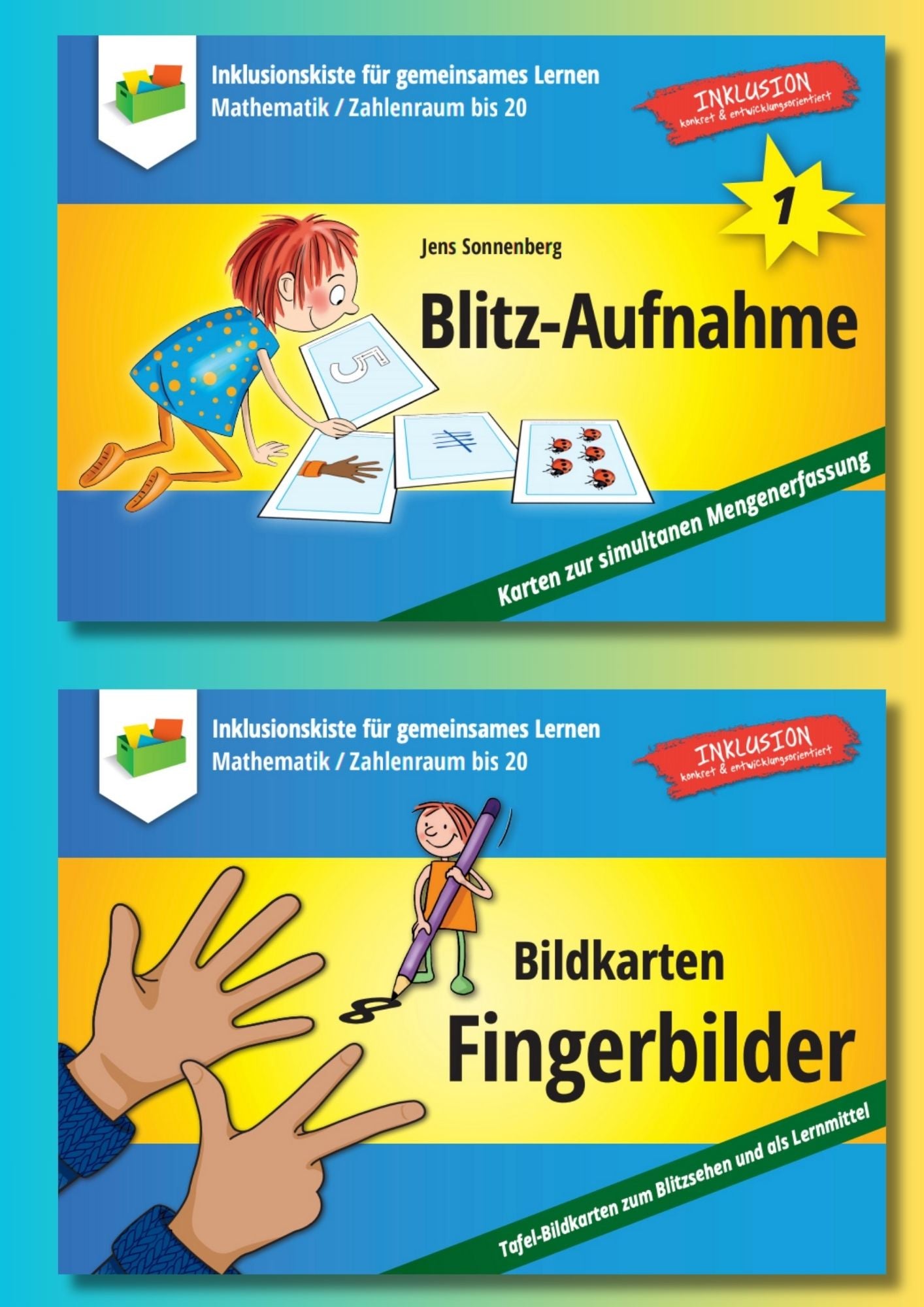 Cover des Materialpaketes `Blitzsehen`.
Auf dem oberen Cover kniet ein Kind vor vier Mengenbildkarten zur Zahl 5. Auf dem unteren Cover ist das Fingerbild der 8 abgebildet und ein gezeichnetes Kind mit einem großen Stift, das die 8 zeichnet..