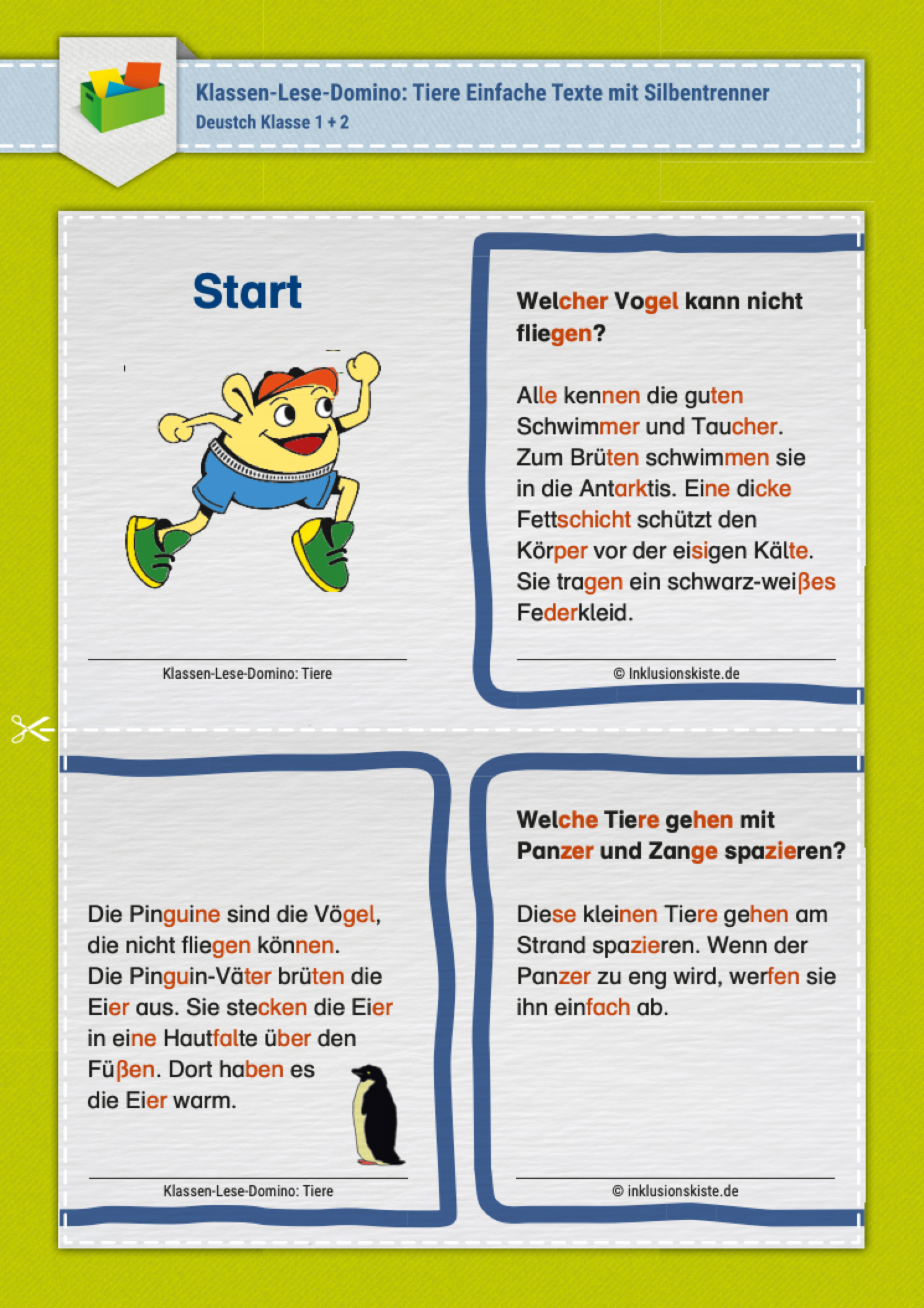 Zwei Dominos aus dem E-Books: "Klassen-Lese-Domino: Tiere". die blau umrandeten Karten enthalten kurze Lesetexte mit Silbentrennern zum besseren lesen.