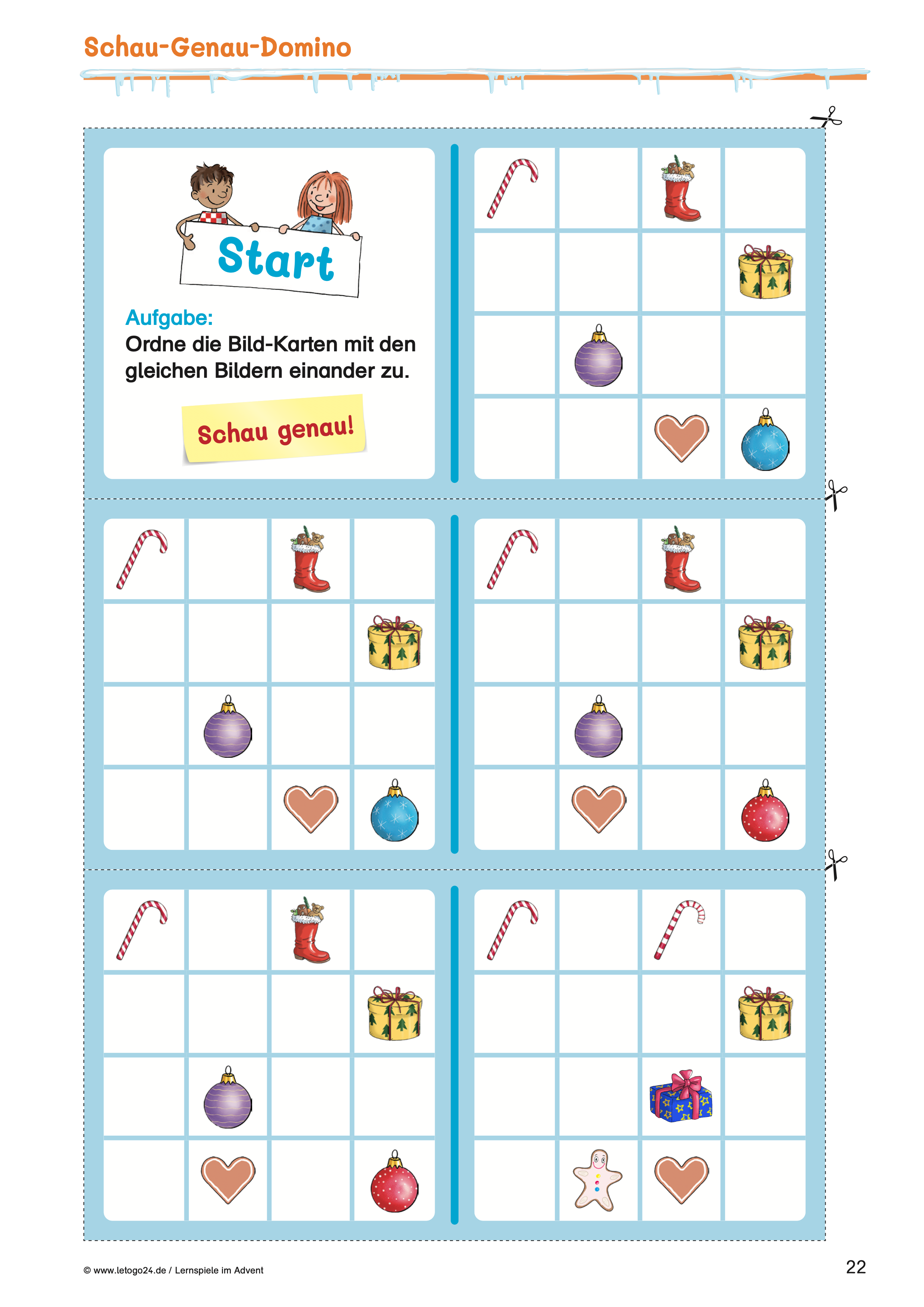 Drei blau umrandete Schau-Genau-Domino-Karten mit Weihnachtsmotiven