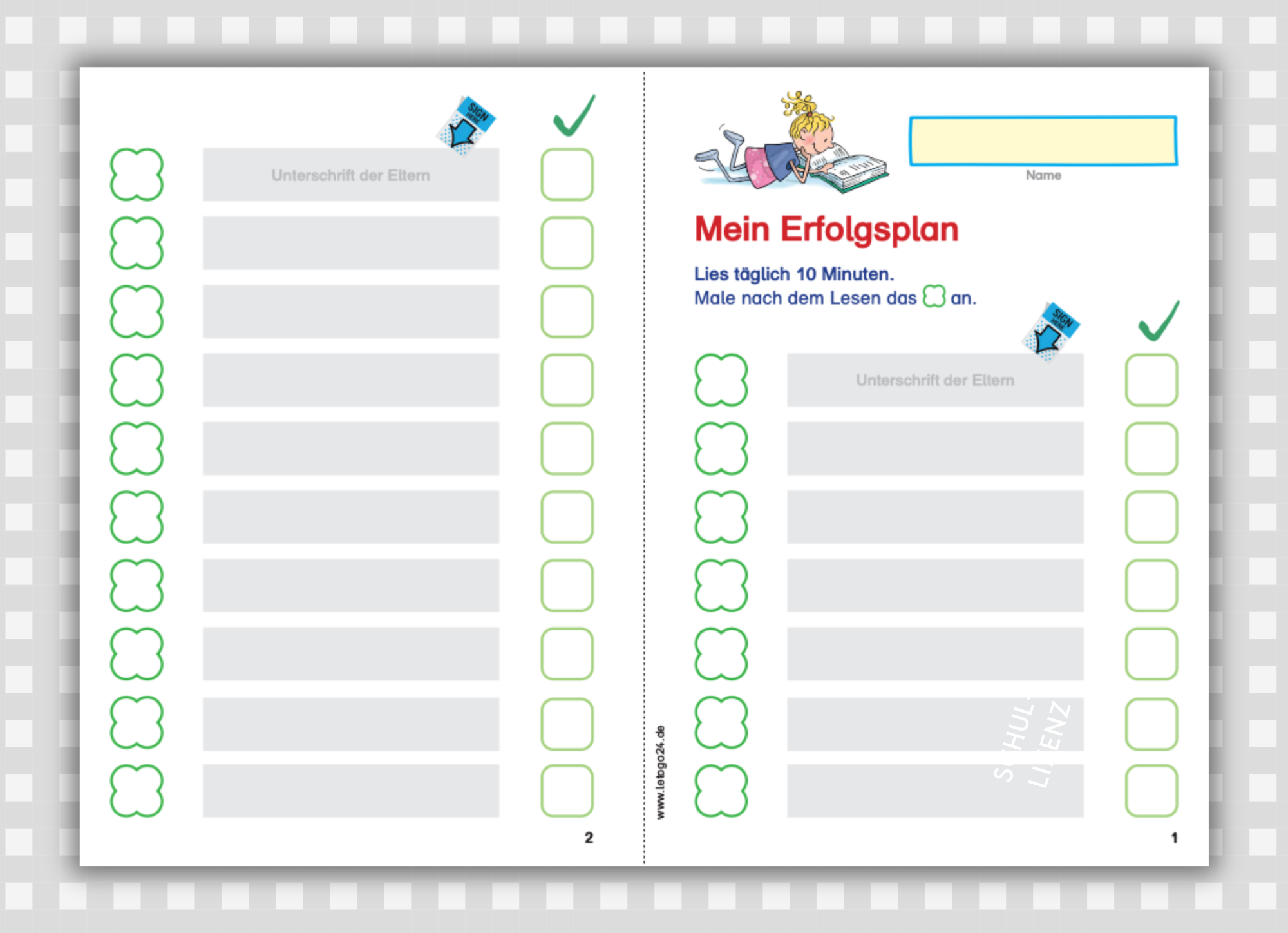 Erfolgsplan für Leseanfänger zum Notieren der Lesezeit
