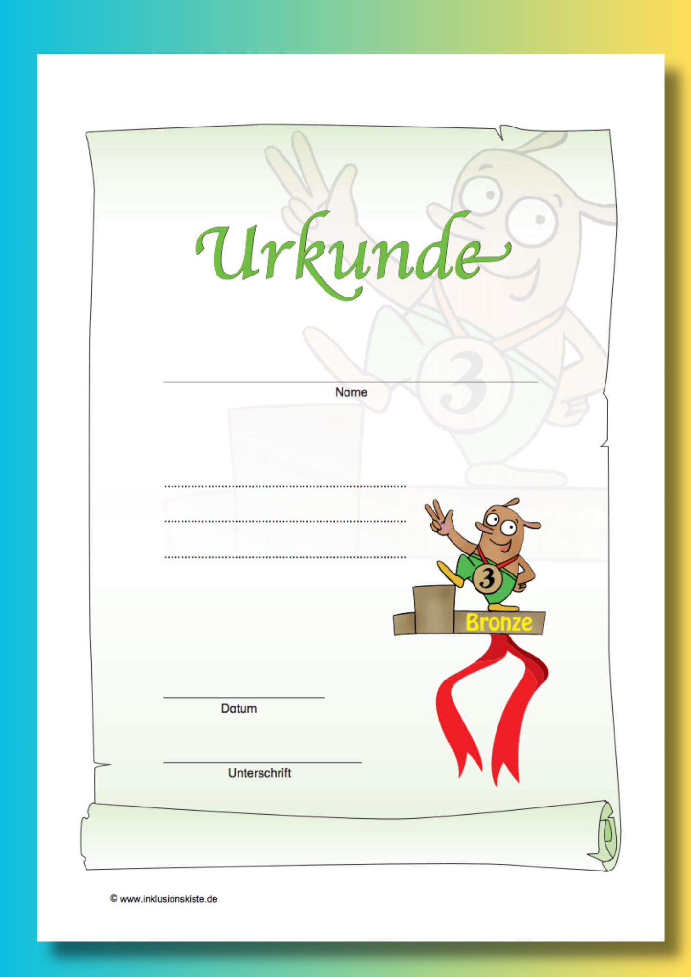 Blanko-Bronze-Urkunde für Grundschüler. Unter dem Wort `Urkunde` sind Linien zum Beschriften des Namens und zum Beschreiben der Leistung oder zur Wertschätzung gezeichnet. Daneben steht eine kindliche Fantasiefigur in Siegerpose auf dritten Stufe eines Siegerpodests.