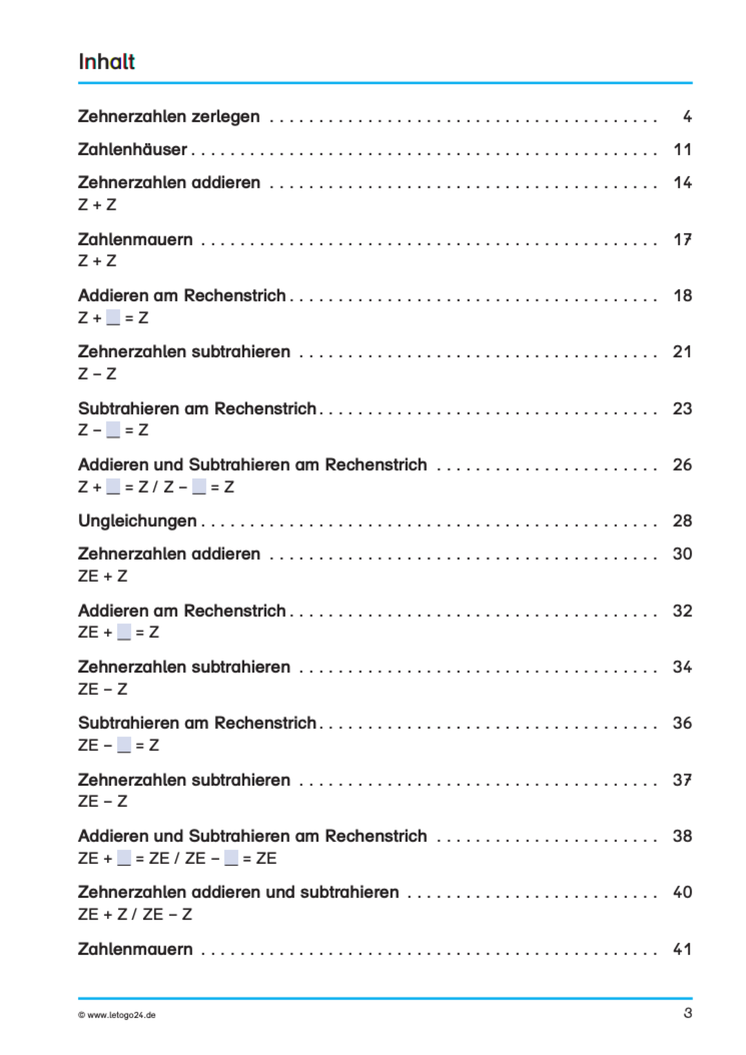 Die Abbildung zeigt das Inhaltsverzeichnis eines Lernmaterials zum Thema `Rechnen mit Zehnerzahlen`. Es listet 17 Kapitel auf, die sich mit dem Zerlegen sowie dem Addieren und Subtrahieren von Zehnerzahlen beschäftigen.