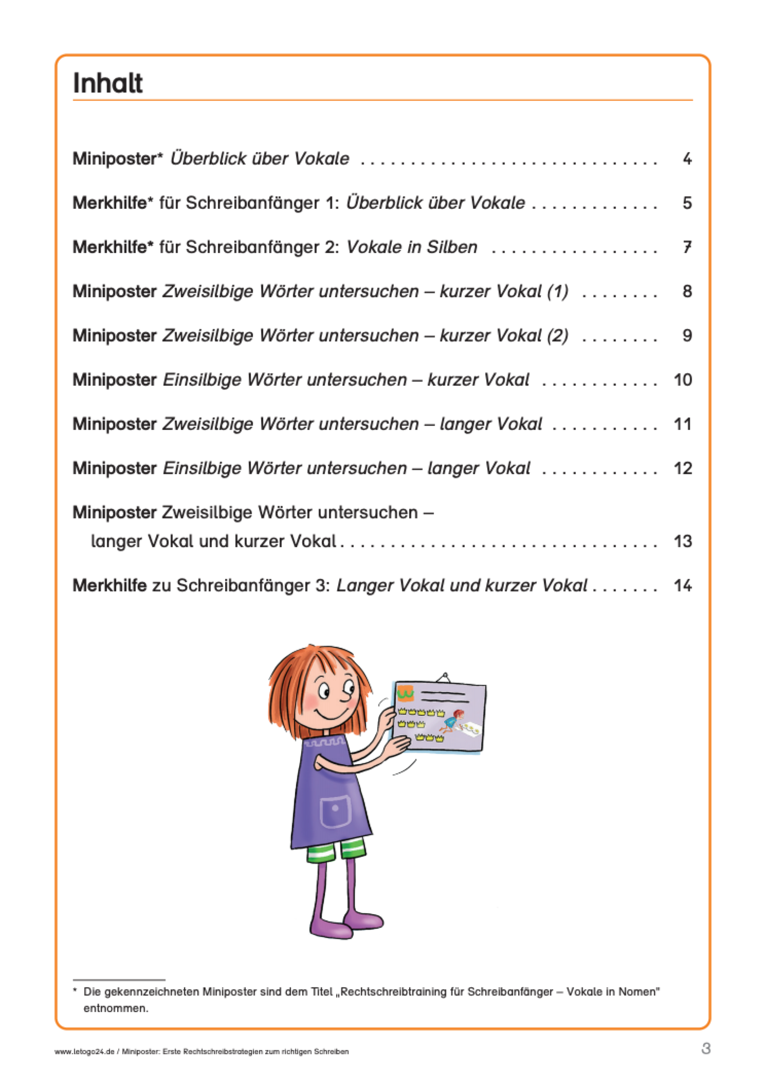 Inhaltsverzeichnis des E-Books für Grundschüler: `Miniposter-Erste Rechtschreibstrategien zum richtigen Schreiben` mit allen Titelangaben der enthaltenen Miniposter. Unten steht ein freundlich gezeichnetes Mädchen mit einem Miniposter in der Hand.