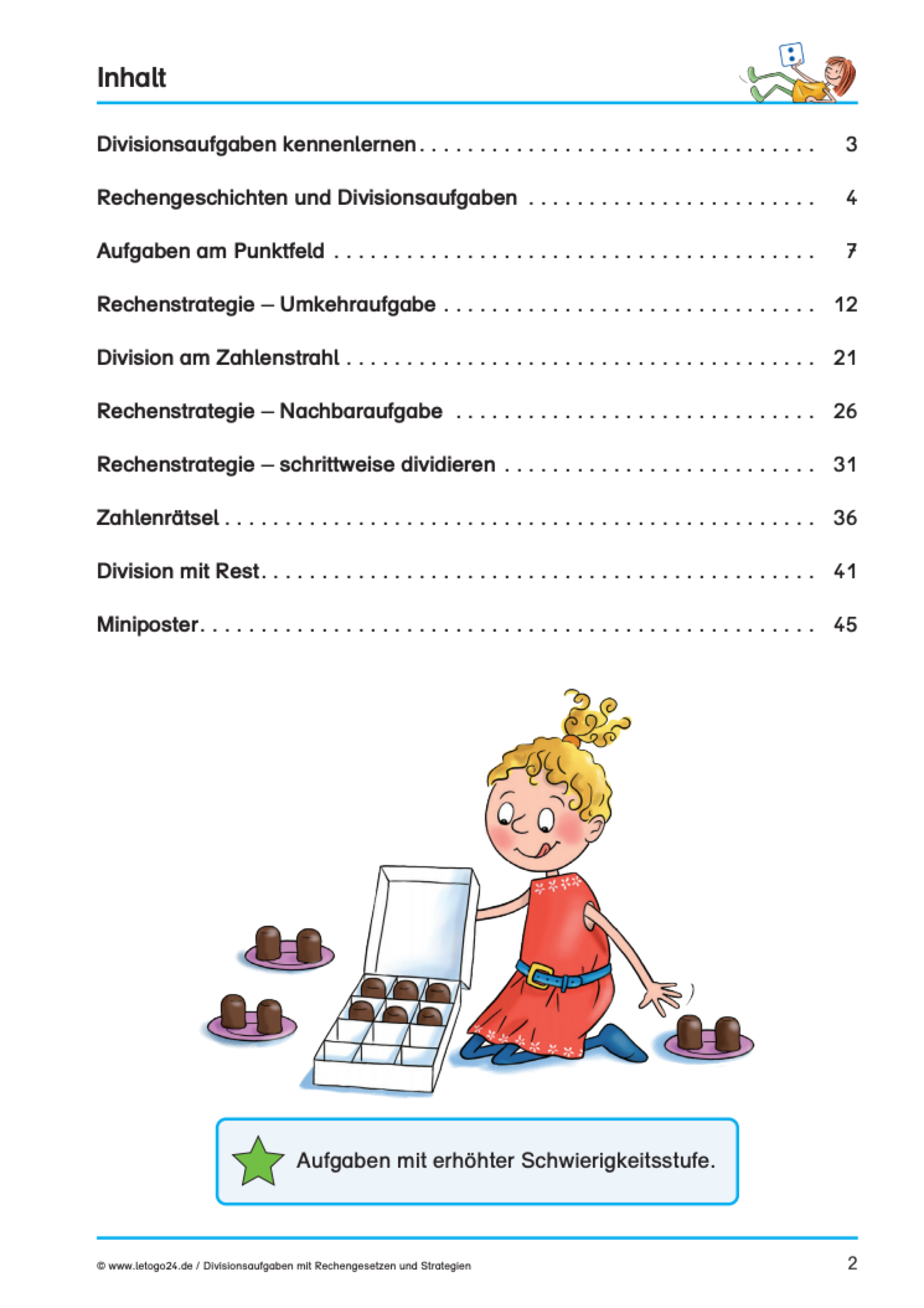 Die Abbildung zeigt das Inhaltsverzeichnis eines Lernmaterials zum Thema `Divisionsaufgaben mit Rechengesetzen und Strategien`. Es listet 10 Themen auf, die sich mit Rechengeschichten zur Division bis zum Kennenlernen und Üben von Rechenstrategien der Division beschäftigen. Ein blondes Mädchen kniet vor einer Schachtel mit Schokoküssen und verteilt diese gleichmäßig auf drei Teller.