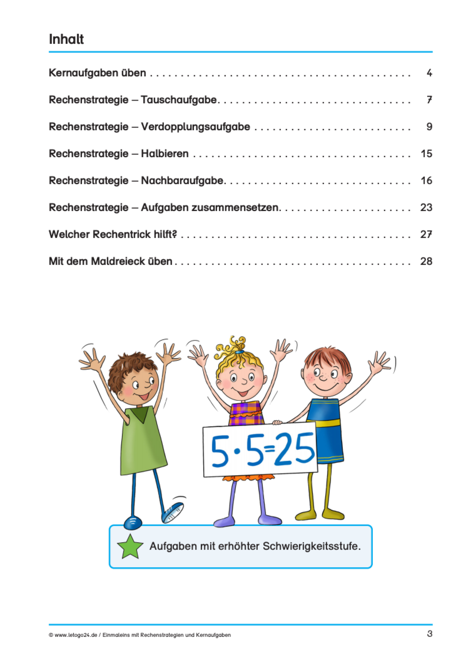 Inhaltsverzeichnis des E-Books für Grundschüler: `Einmaleins mit Rechenstrategien und Kernaufgaben` mit Illustration von drei fröhlichen Kindern, die ein Schild mit der Multiplikationsaufgabe “5•5=25” hochhalten. Dazu halten sie insgesamt 5 Hände hoch, um die Aufgabe zu visualisieren.