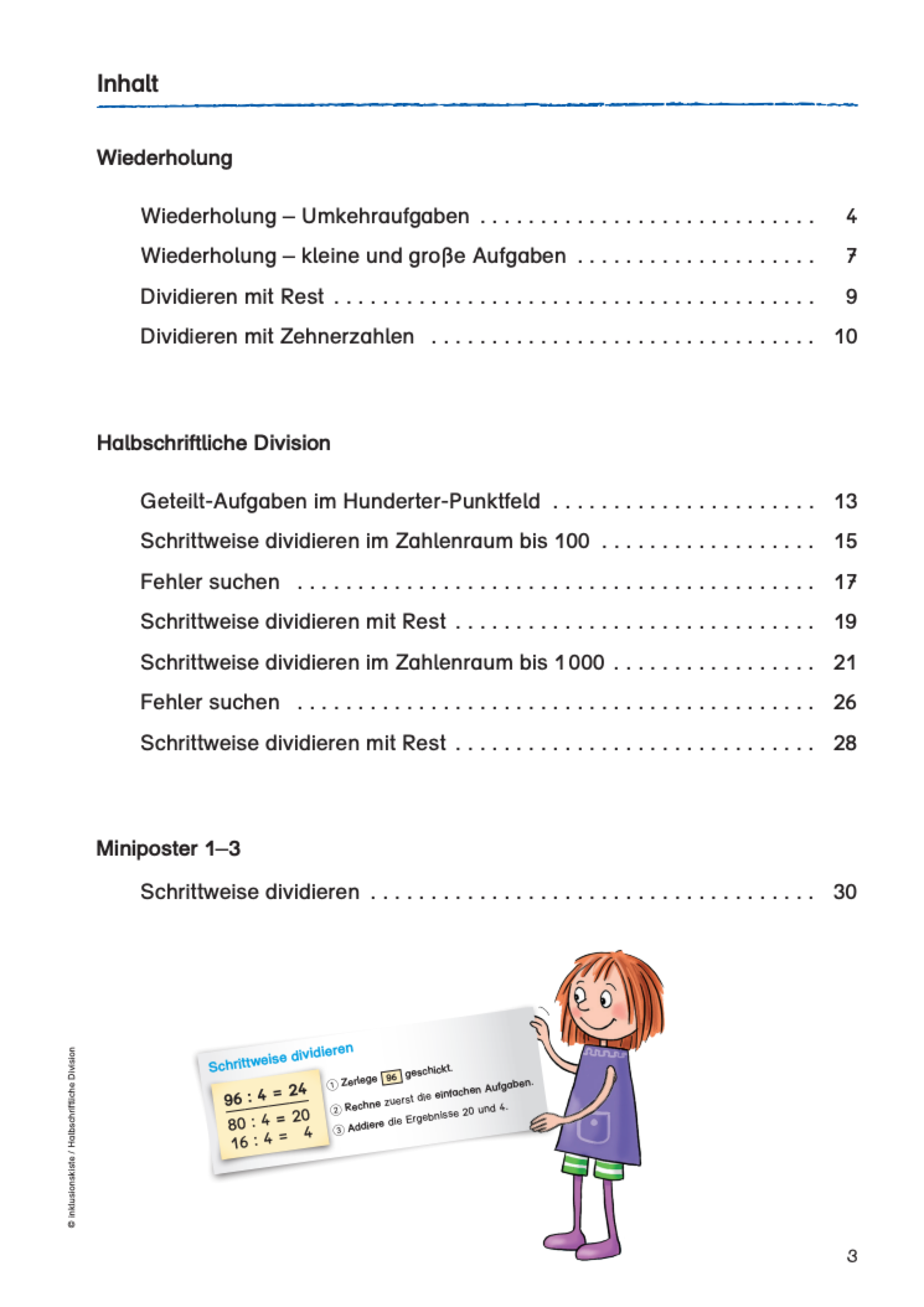 Inhaltsangabe zum E-Book für Grundschüler `Halbschriftliche Division`