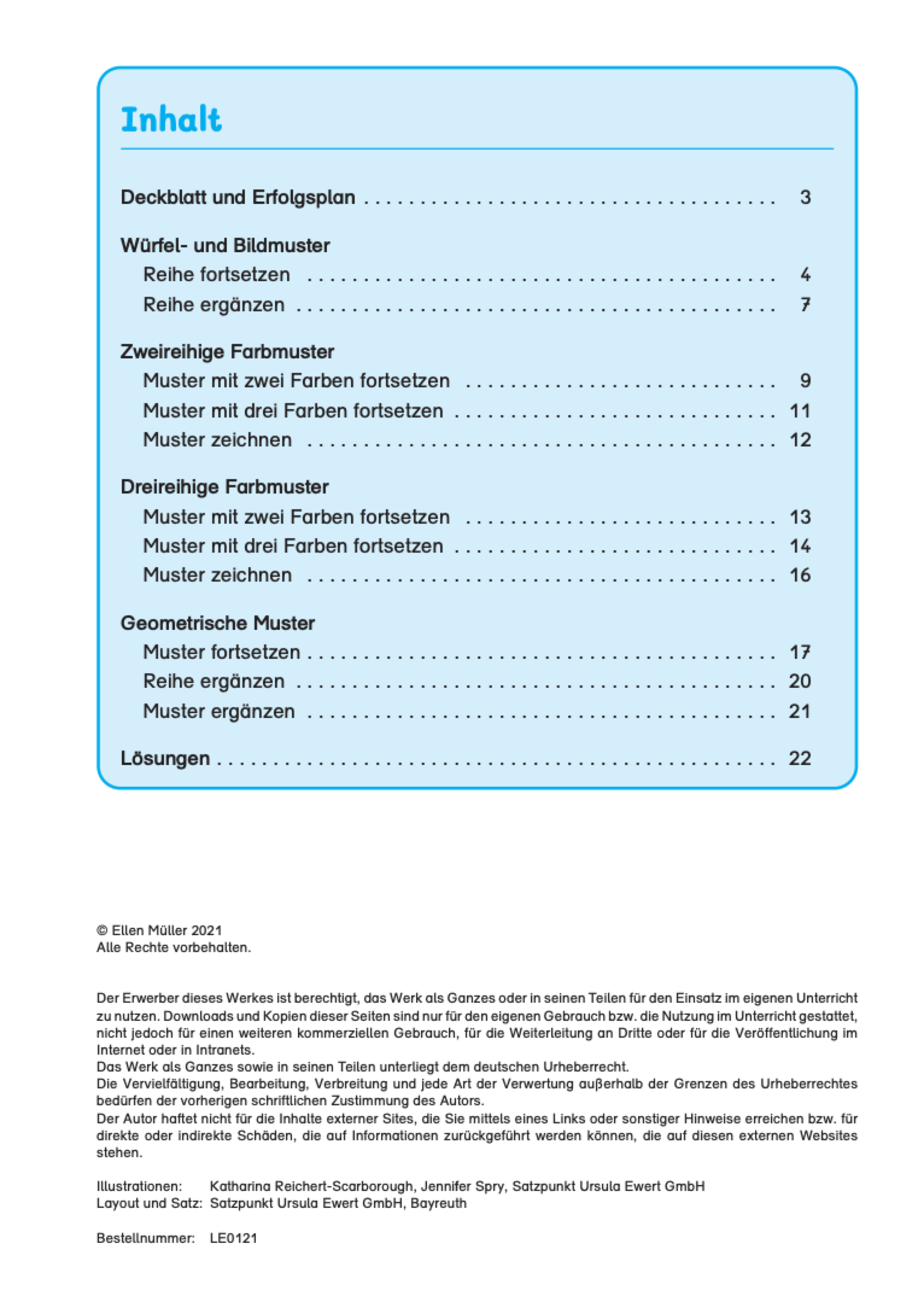 Inhaltsverzeichnis des E-Books: `Mein Trainingsheft : Einfache Muster und Reihen` mit einer Auflistung der Übungen des E-Books.