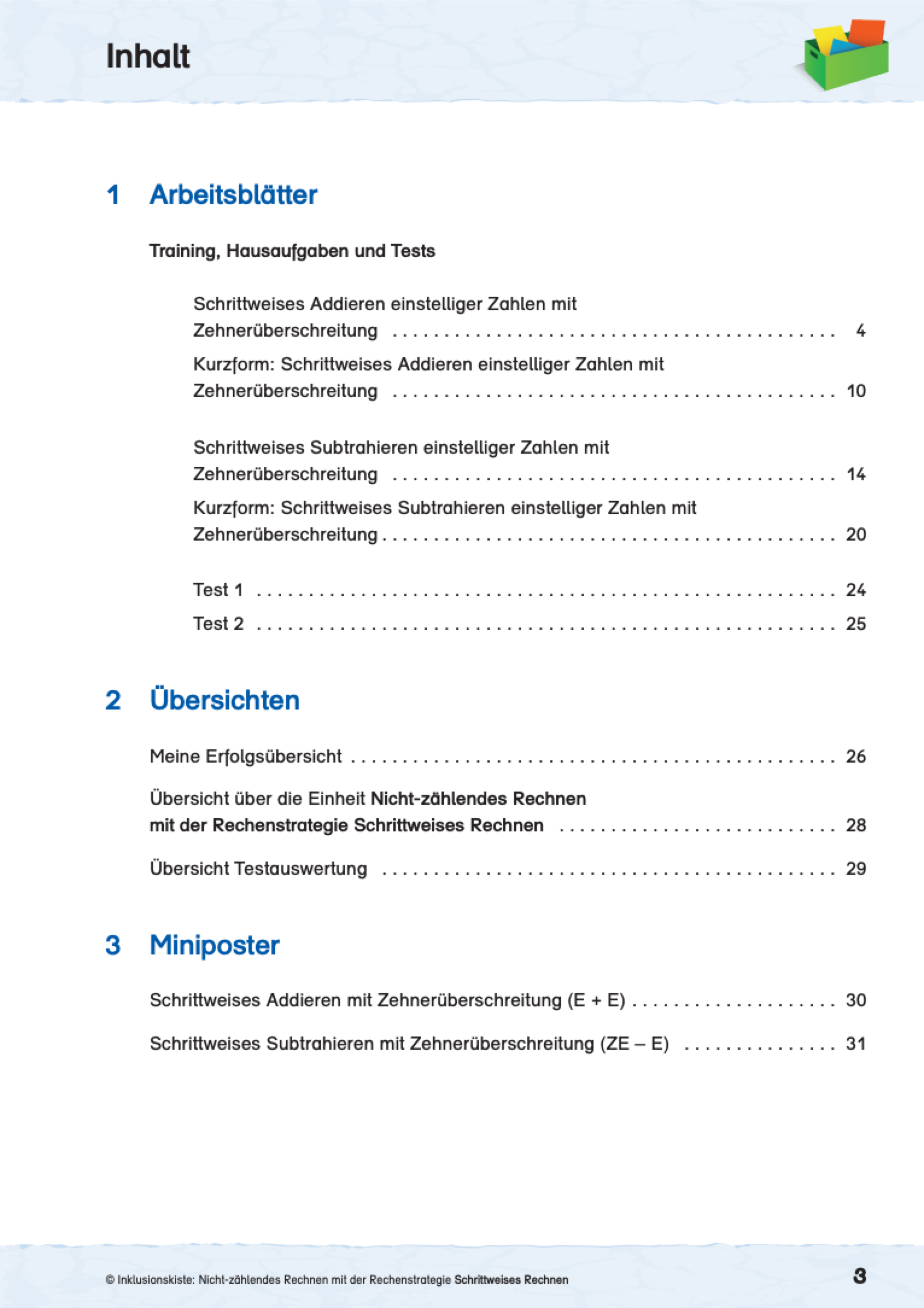 Die Abbildung zeigt das Inhaltsverzeichnis eines Lernmaterials zum Thema
`Nicht-zählendes Rechnen mit der Rechenstrategie Schrittweises Rechnen`
Es listet Arbeitsblätter zum nicht-zählenden Rechnen bis 20, Übersichten und Miniposter auf.