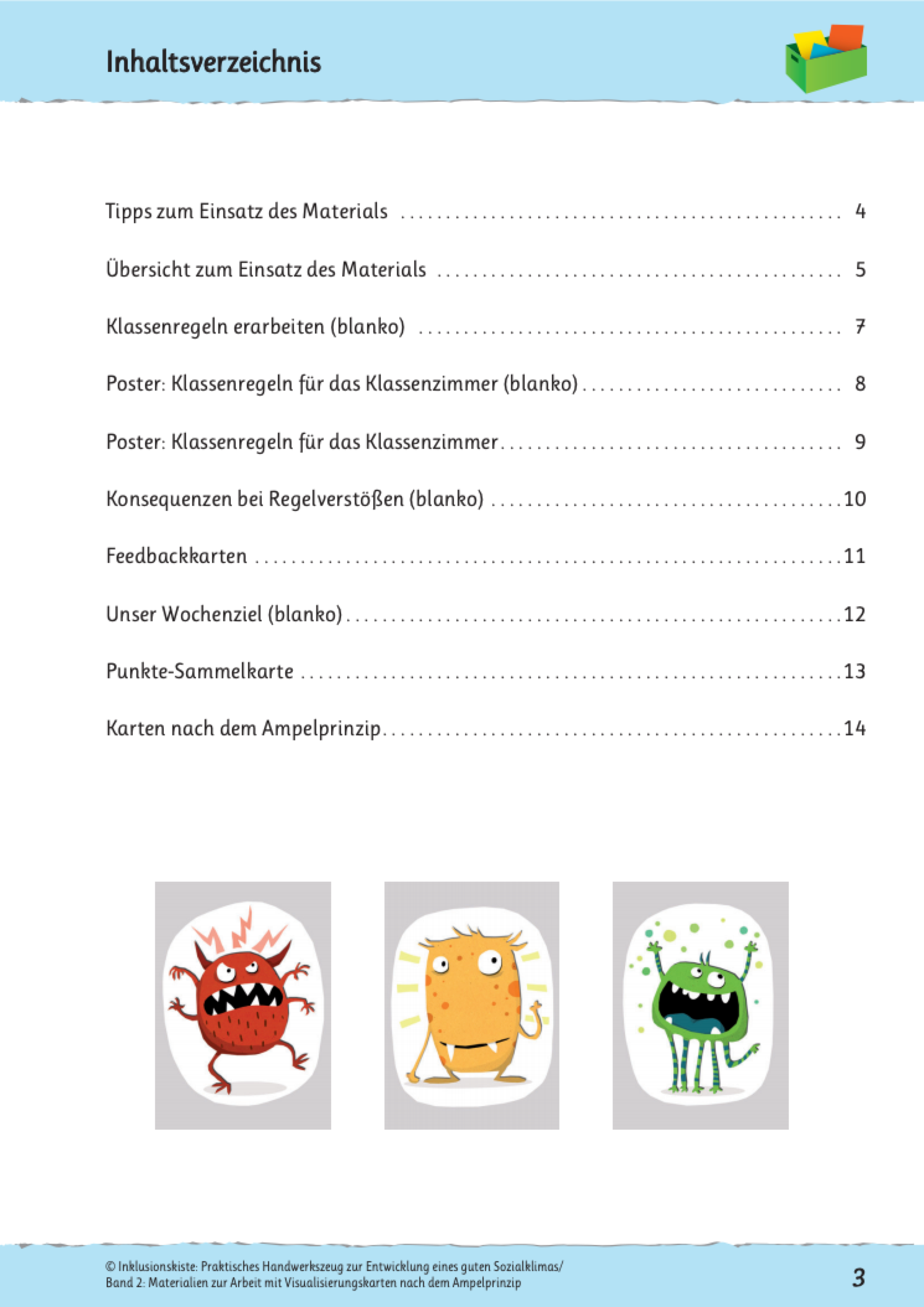 Inhaltsverzeichnis des E-Books:"Praktisches Handwerkszeug zur Entwicklung eines guten Sozialklimas" mit Tipps zum Einsatzdes Materials und einer Auflistung des Poster und Karten. Unten sind drei im Material enthaltene Monster in Ampelfarben abgebildet.