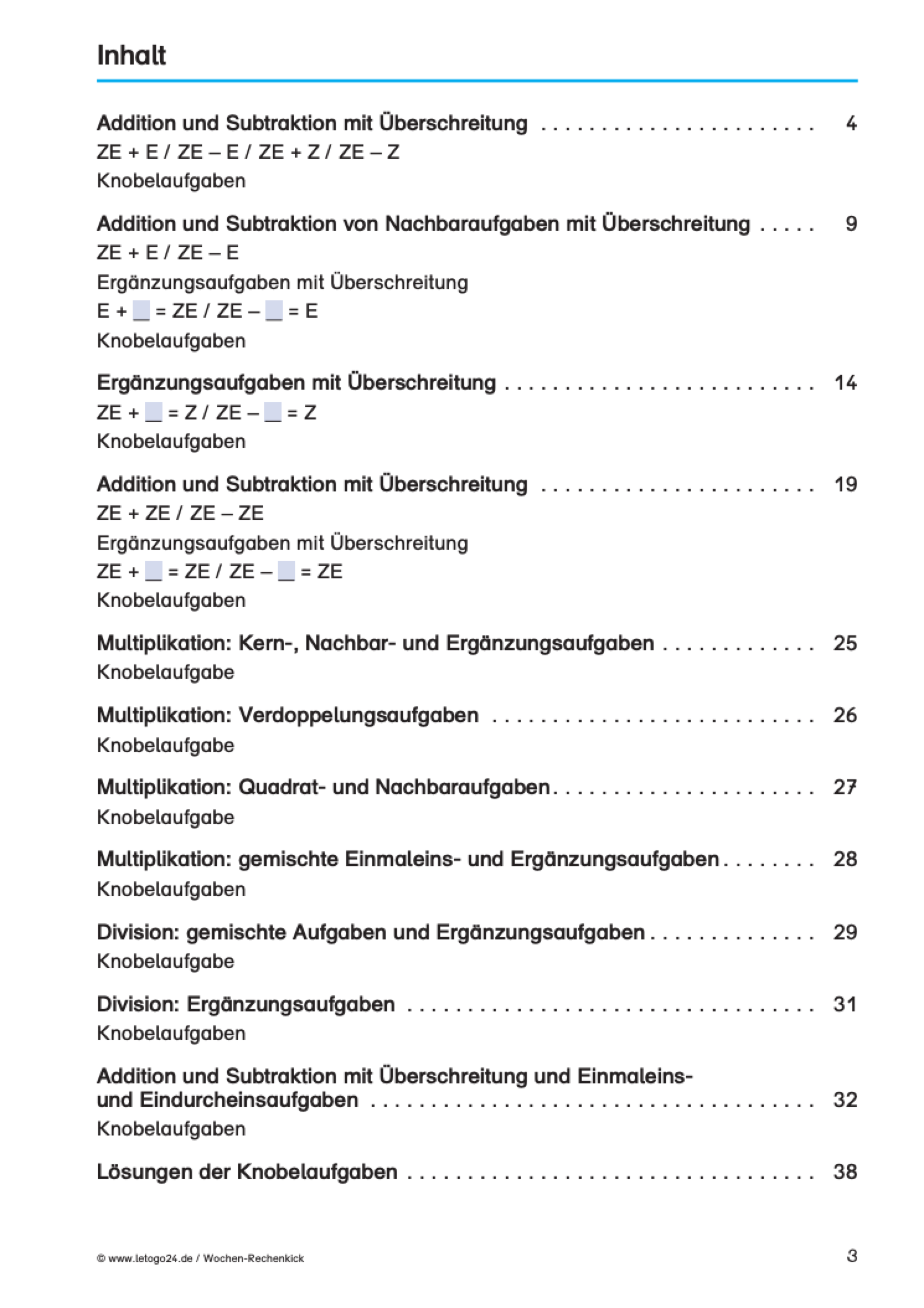 Die Abbildung zeigt das Inhaltsverzeichnis eines Lernmaterials zum Thema `Kopfrechentraining im Zahlenraum bis 100`. Es listet 11 Kapitel auf, die sich mit den vier Grundrechenarten und Knobelaufgaben beschäftigen.