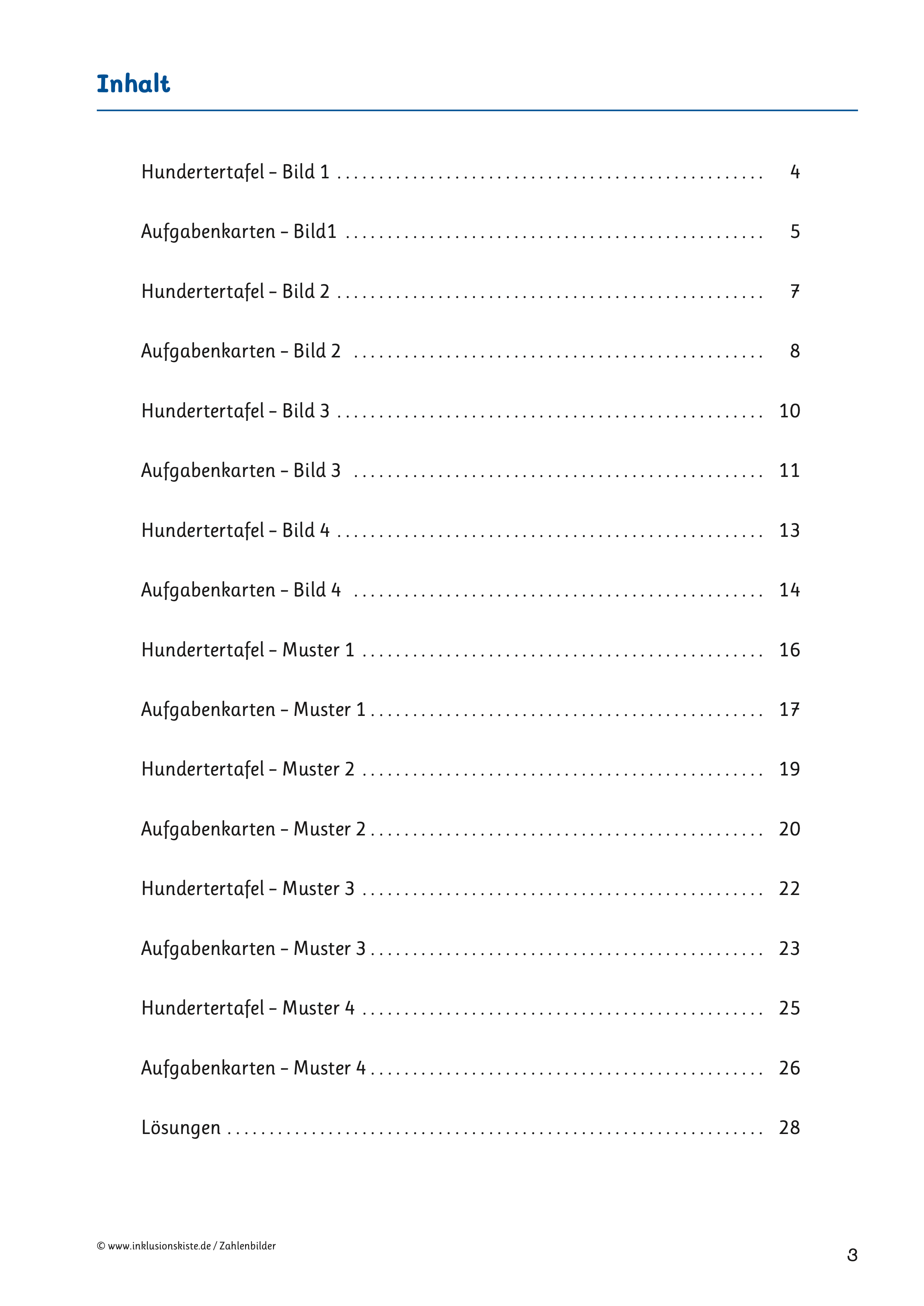 Inhaltsverzeichnis des E-Books Zahlenbilder mit Aufzählungen über Blanko-Hundertertafeln, Aufgabenkarten und Lösungen.