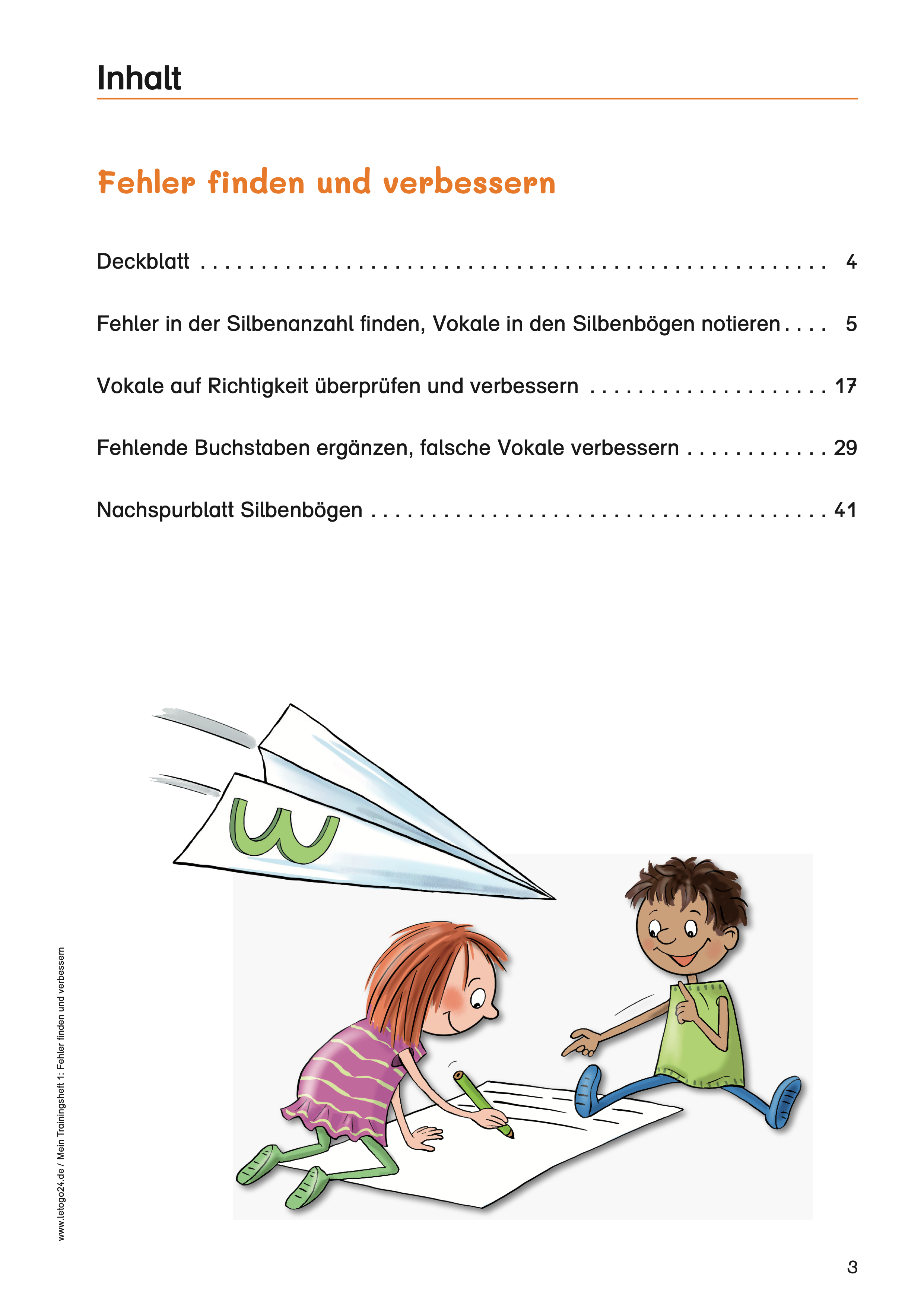 Inhaltsverzeichnis des E-Books für Grundschüler: `Mein Trainingsheft 1- Fehler finden und verbessern`