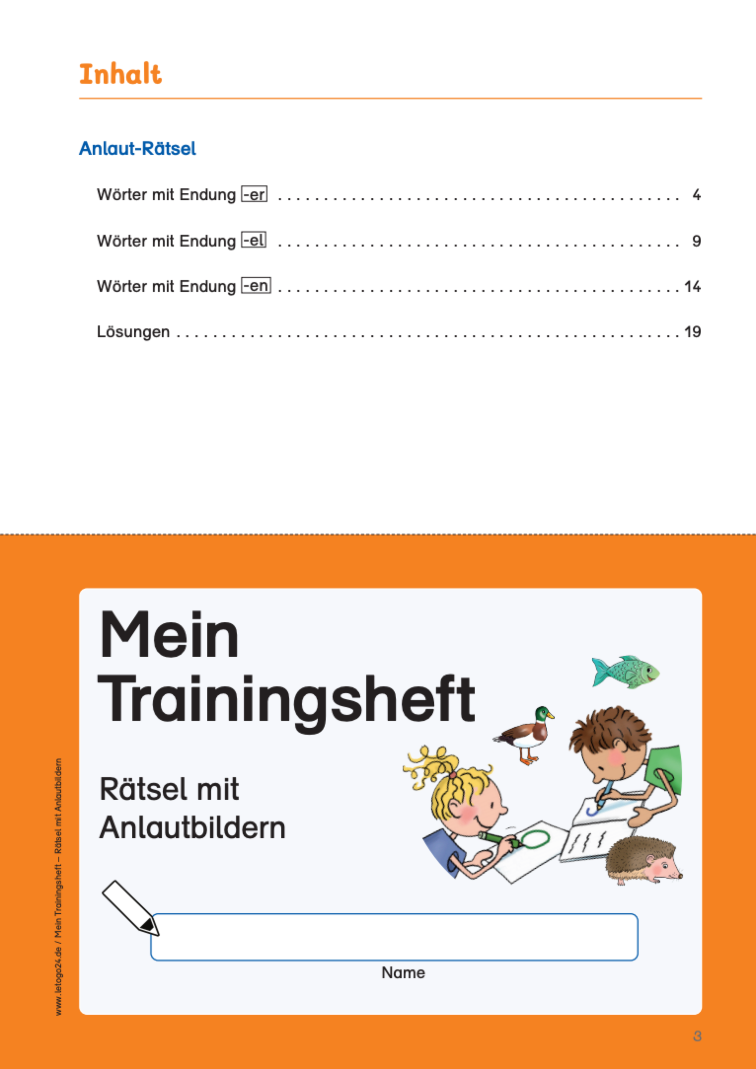 Inhaltsverzeichnis und Deckblatt zum Trainingsheft: Rätsel mit Anlautbildern von Letogo24 mit einem Grafikausschnitt mit schreibenden Kindern.