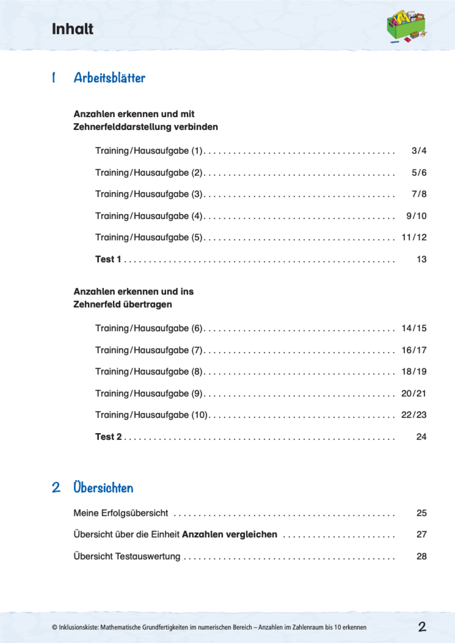 Inhaltsverzeichnis des E-Books `Anzahlen im Zahlenraum bis 10 erkennen`