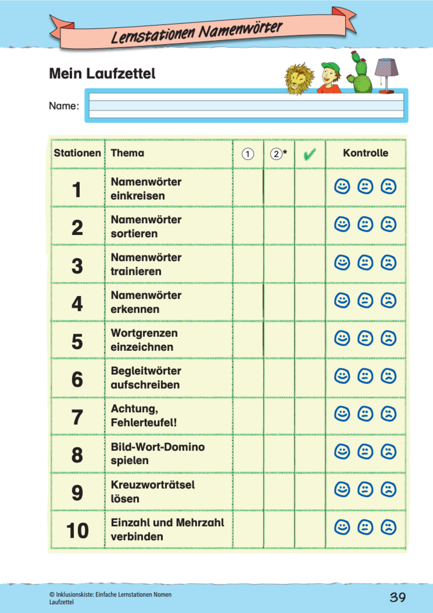 Laufzettel mit tabellarischen Übersicht der Lernstationen aus dem Materialpaket: `Rund ums Nomen`