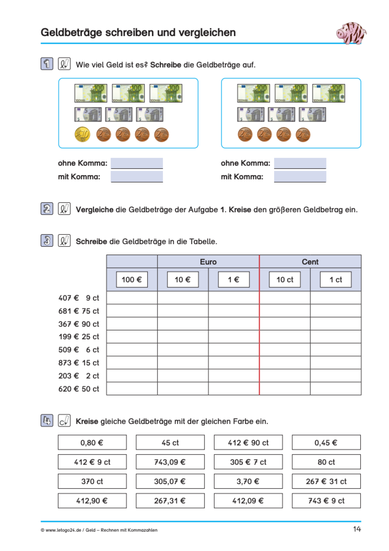 Arbeitsblatt von Letogo24 mit Geldscheinen und Tabellen zum Aufschreiben der Geldbeträge in Kommaschreibweise.