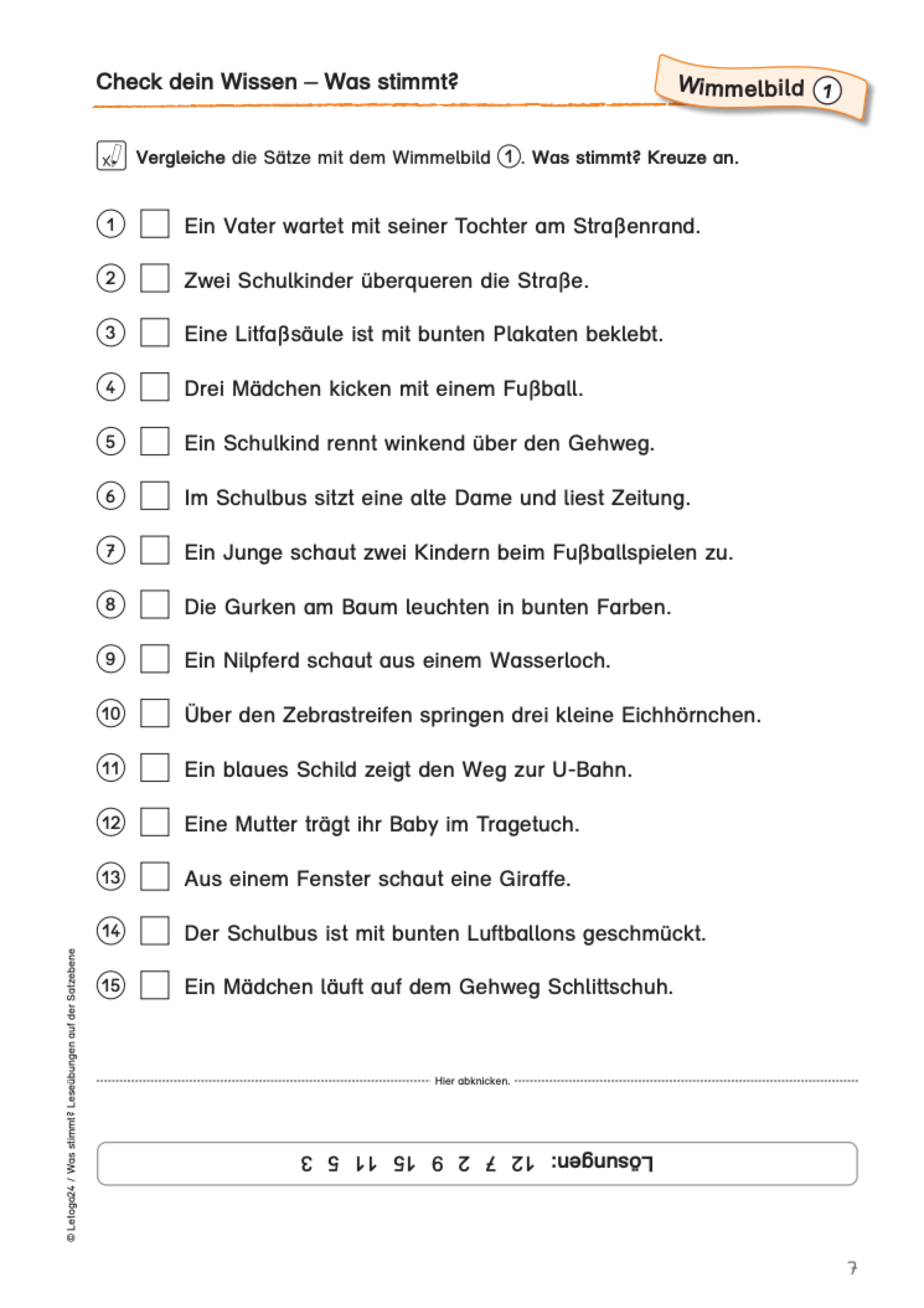 Arbeitsblatt mit Leseübungen zur Überprüfung der Lesegenauigkeit aus dem E-Book: `Was stimmt?` mit spiegelverkehrten Lösungszahlen im unteren Teil des Arbeitsblattes.