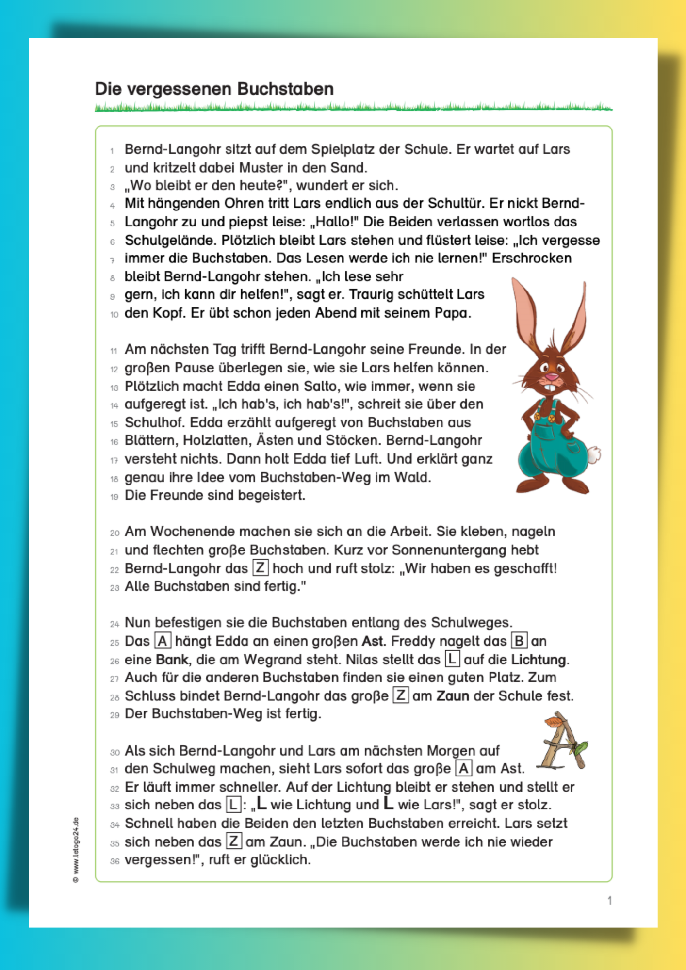 Lesetext für Grundschüler mit dem Titel `Die vergessenen Buchstaben`