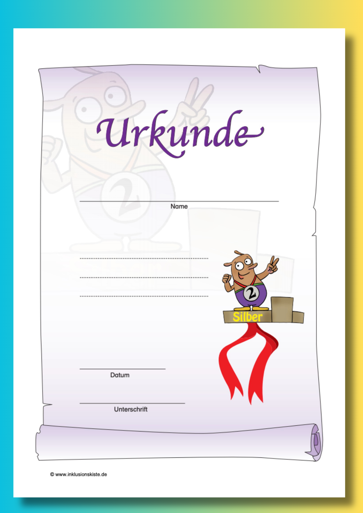 Blanko-Silber-Urkunde für Grundschüler. Unter dem Wort „Urkunde“ befinden sich Linien zum Eintragen des Namens sowie zum Beschreiben der Leistung oder einer besonderen Wertschätzung. Daneben steht eine kindliche Fantasiefigur in Siegerpose auf der zweiten Stufe eines Siegerpodests.