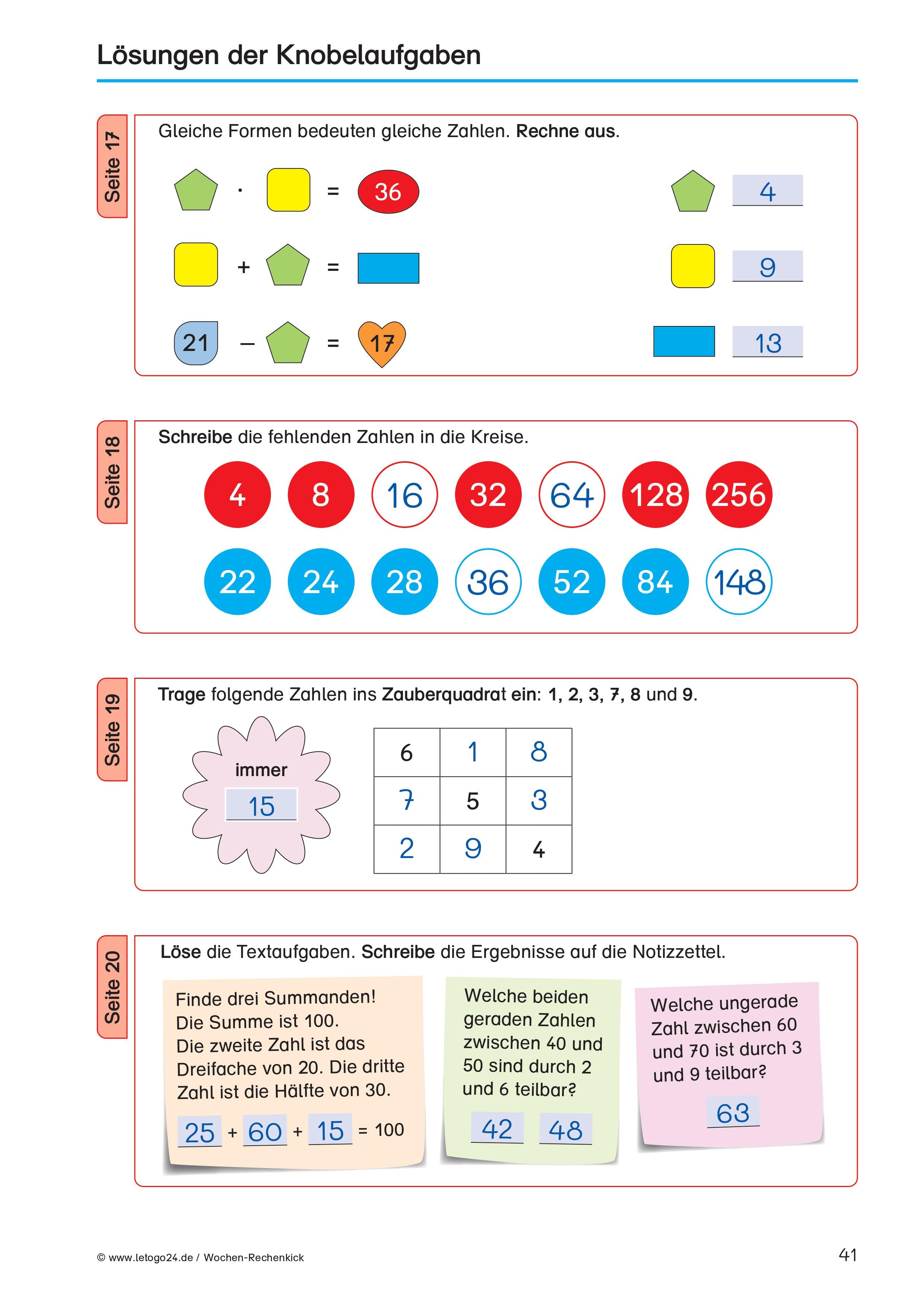 Lösungsseite aus dem E-Book `Wochen-Rechenkick` mit Lösungen der Knobelaufgaben