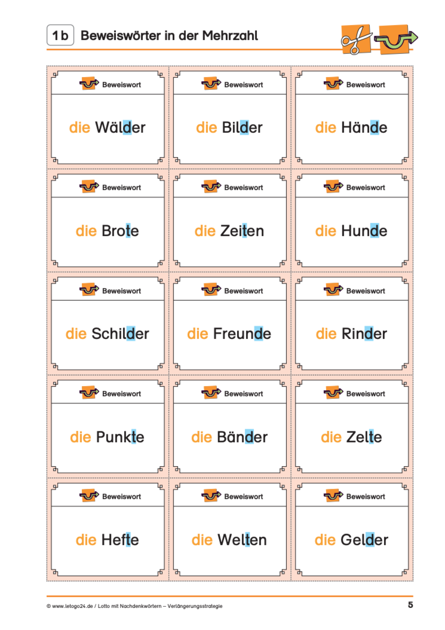 Lottotafel des E-Books: "Lotto mit Nachdenkwörtern - Verlängerungsstrategie". Abgebildet sind 15 kleine Spielkarten mit Wörten zum Üben der Verlängerungsstrategie.