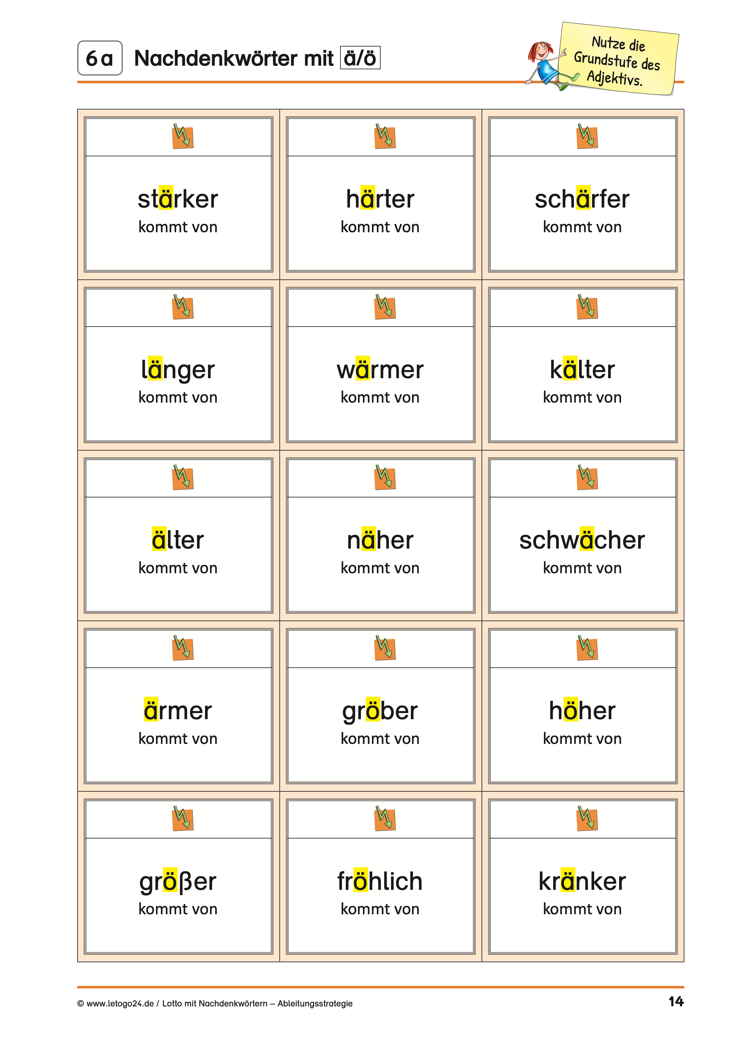 Lottotafel des E-Books: "Lotto mit Nachdenkwörtern - Ableitungsstrategie". Abgebildet sind 15 kleine Spielkarten mit Nachdenkwörten zum Üben der Ableitungsstrategie.