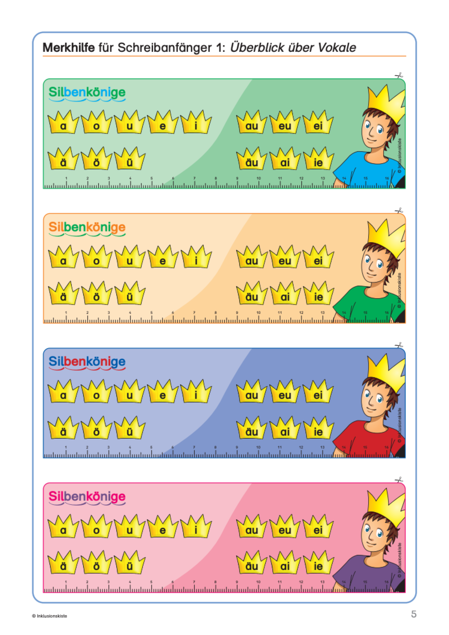Die Silbenkönige-Merkhilfe zeigt wichtige Vokale und Doppellaute wie a, o, u, au, ei, ie mit kleinen Kronen darüber. Sie ist als buntes Lineal gestaltet und auf einem Blatt Papier abgebildet. Die vier Varianten in unterschiedlichen Farben eignen sich gut für den Einsatz im Grundschulunterricht. Eine Kinderfigur mit Krone macht das Lineal kindgerecht und motivierend.