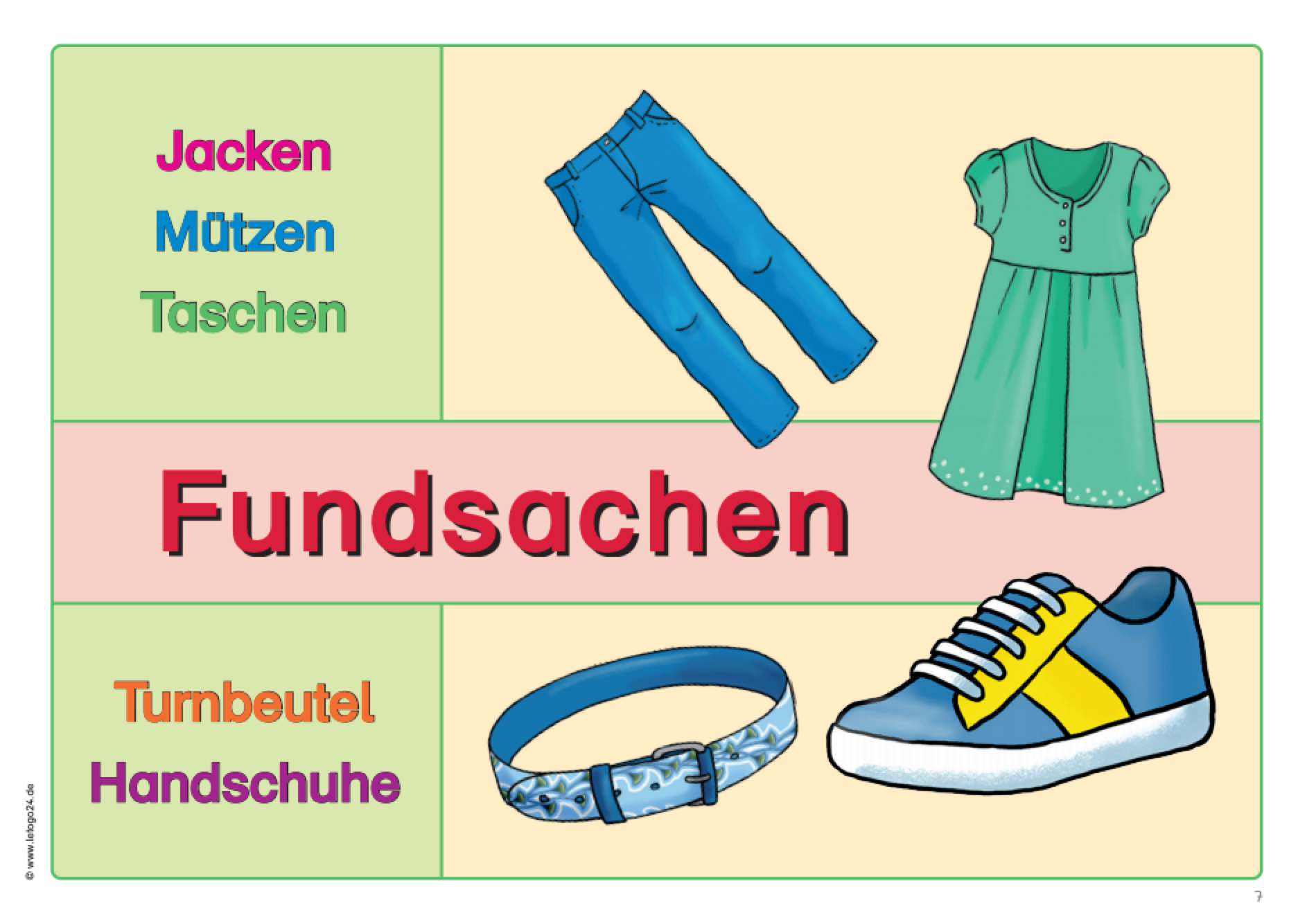 Miniposter zum Beschriften mit Abbildungen von Fundsachen: einem Kleid, einer Hose, einem Gürtel und einem Turnschuh.