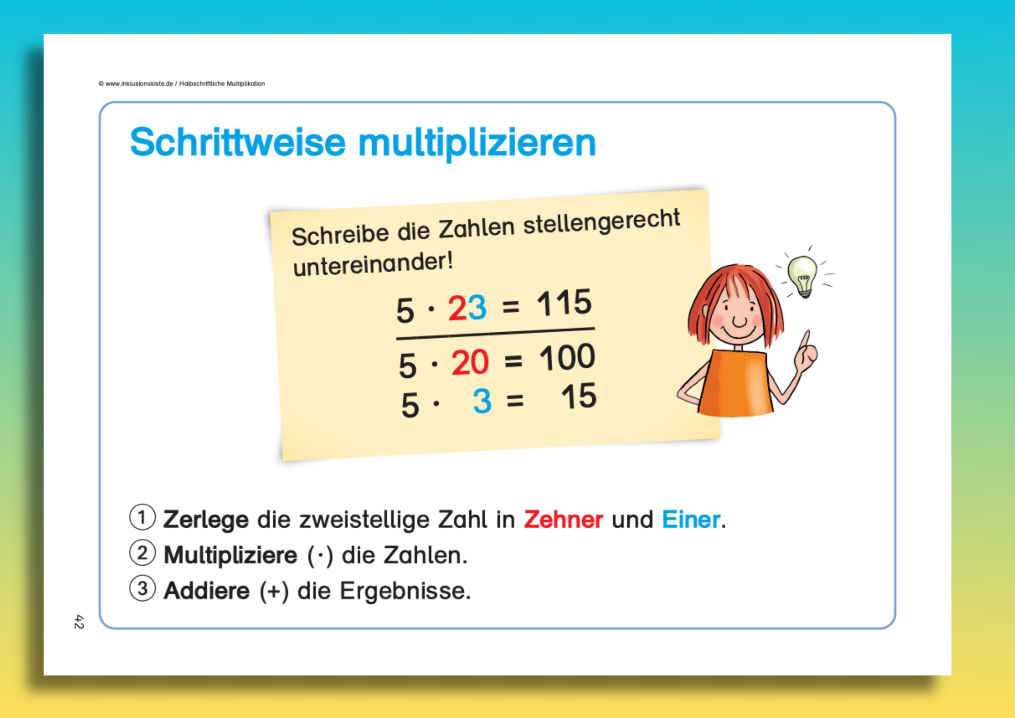 Miniposter mit Erklärungen und einer Aufgabe zum schrittweisen Multiplizieren einer zweistelligen Zahl