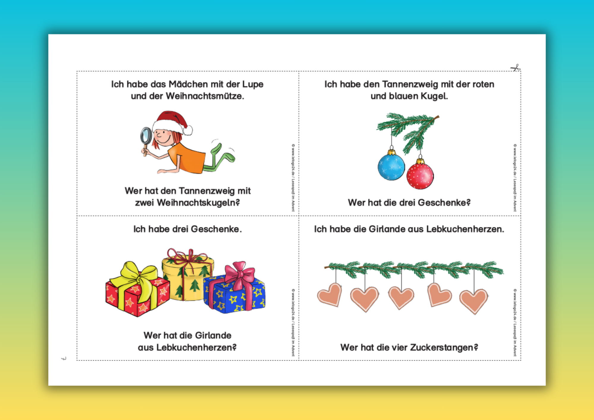 Musterseite der Lesekette für Grundschüler:innen aus dem E-Book: "Lesespaß im Advent". Die Seite beinhaltet vier kleine Aufgabenseiten mit jeweils einer Grafik, eines Antwortsatzes und einer Frage.