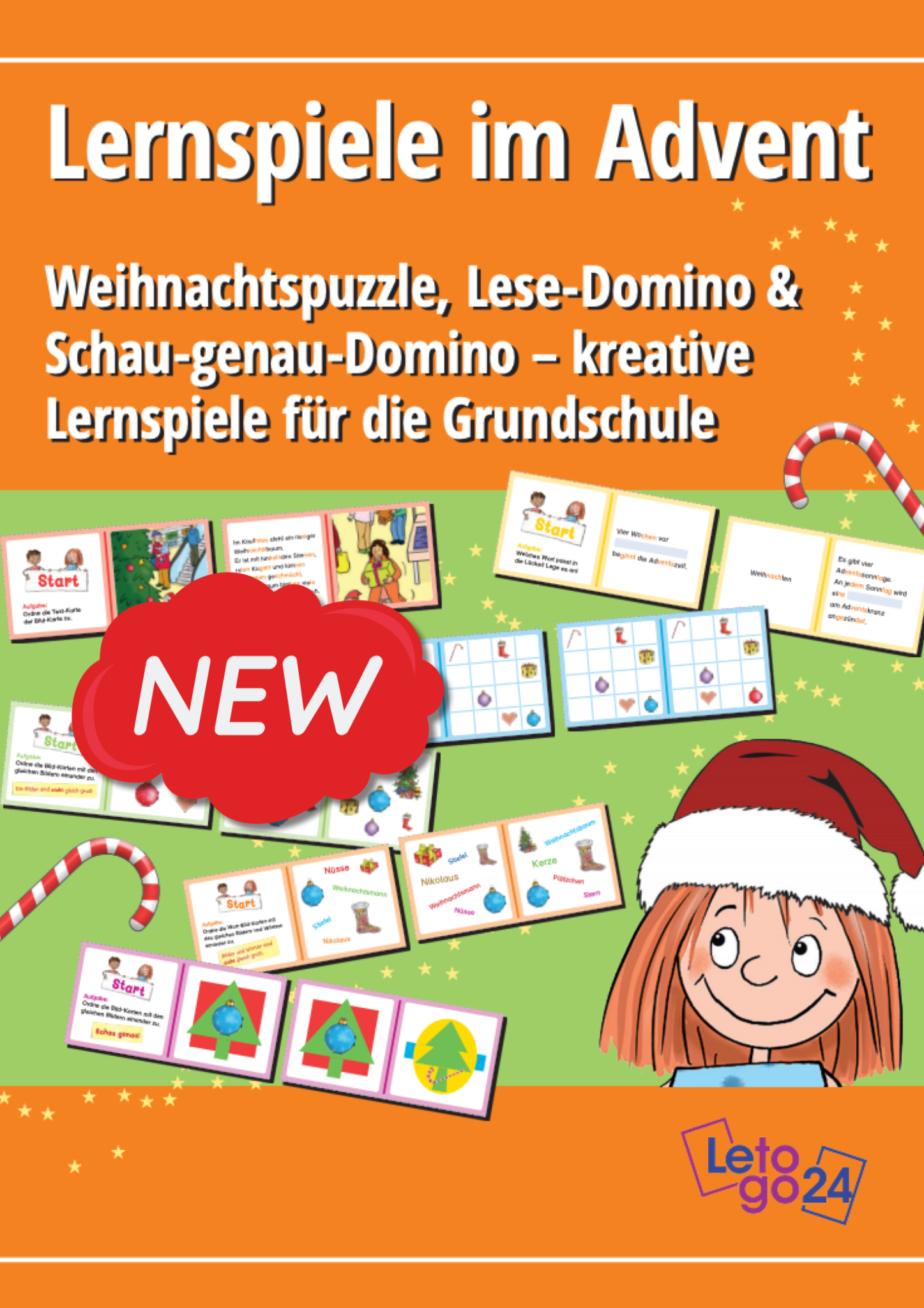 over des E-Book-Titels "Lernspiele im Advent" – kreatives Weihnachtsspiel für die Grundschule. Lernmaterial mit Weihnachtspuzzle, Lese-Domino und Schau-genau-Domino von Let’s go 24. Ideal für den Unterricht in der Adventszeit, mit liebevoll gestalteten Weihnachtsmotiven wie Tannenbaum, Geschenken und Sternen. Fördert Lesen, Konzentration und Beobachtung bei Grundschulkindern.