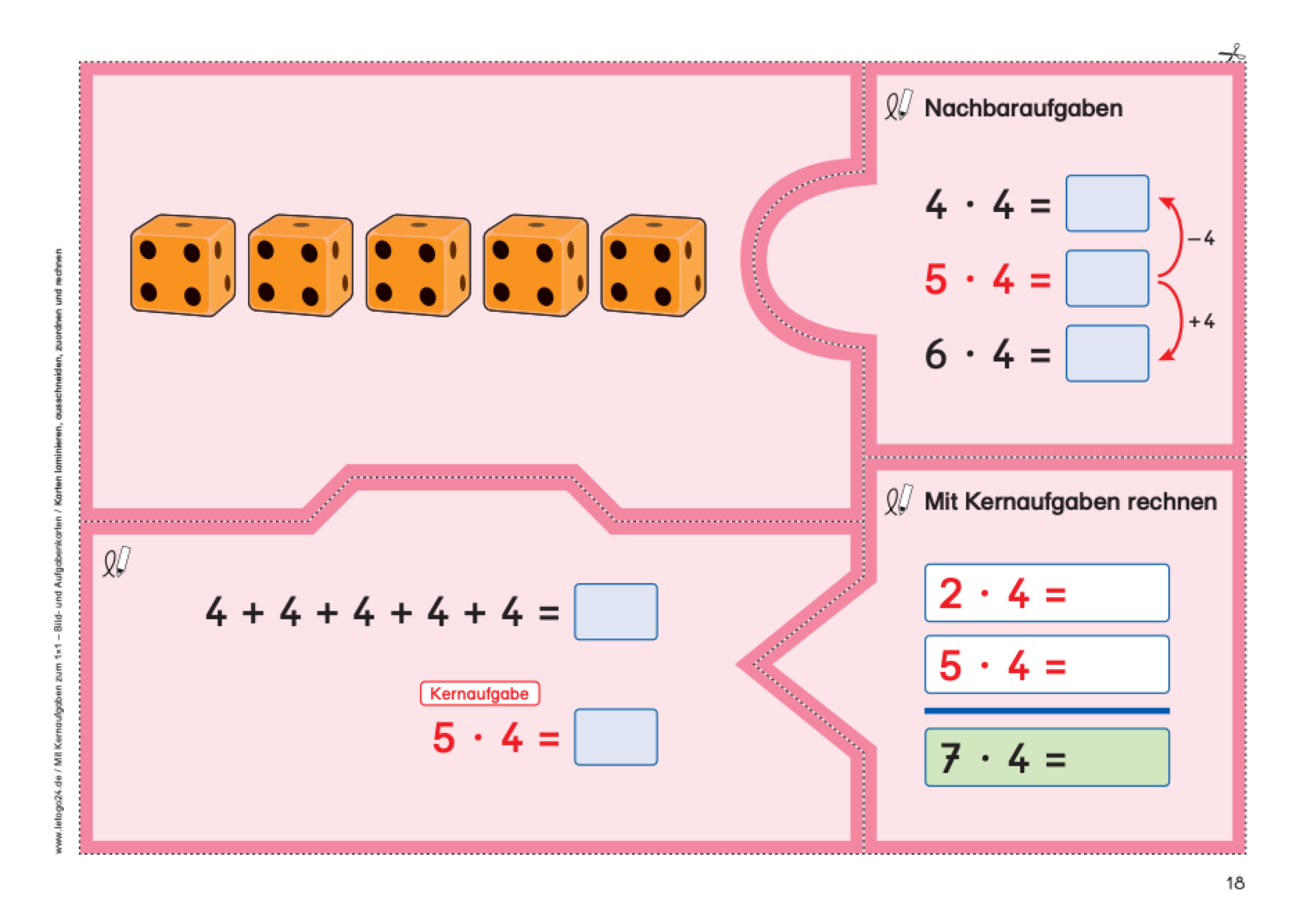 Lernmaterial mit vier Puzzleteilen zu den Rechenstrategien Nachbaraufgaben und Halbieren