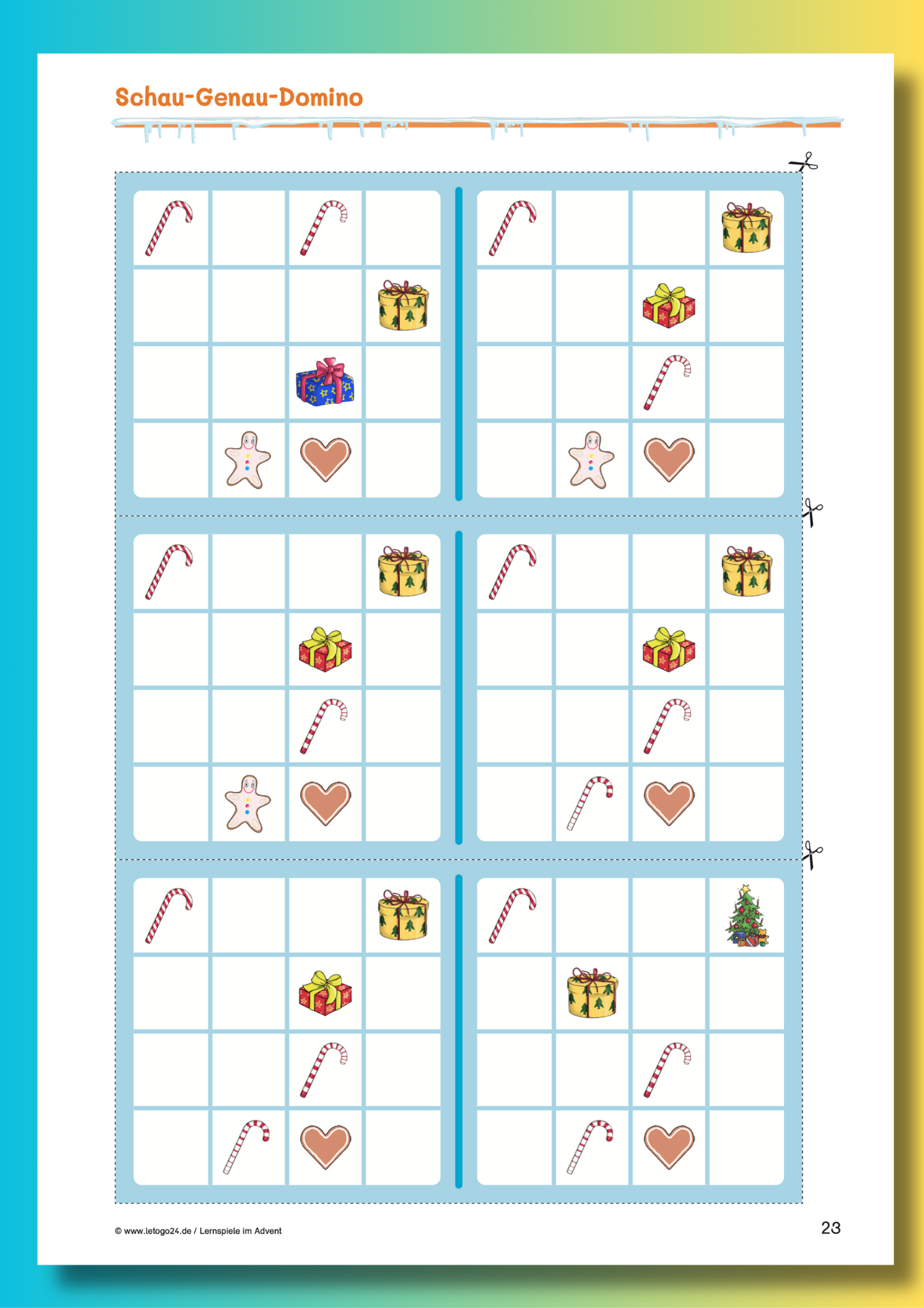 Weihnachtliches Domino-Spiel für Kinder mit sechs Bildkarten. Jede Karte zeigt zwei festliche Motive wie Geschenke, Lebkuchen, Herzen oder Tannenbaum. Ziel: visuelle Muster erkennen und passend kombinieren.