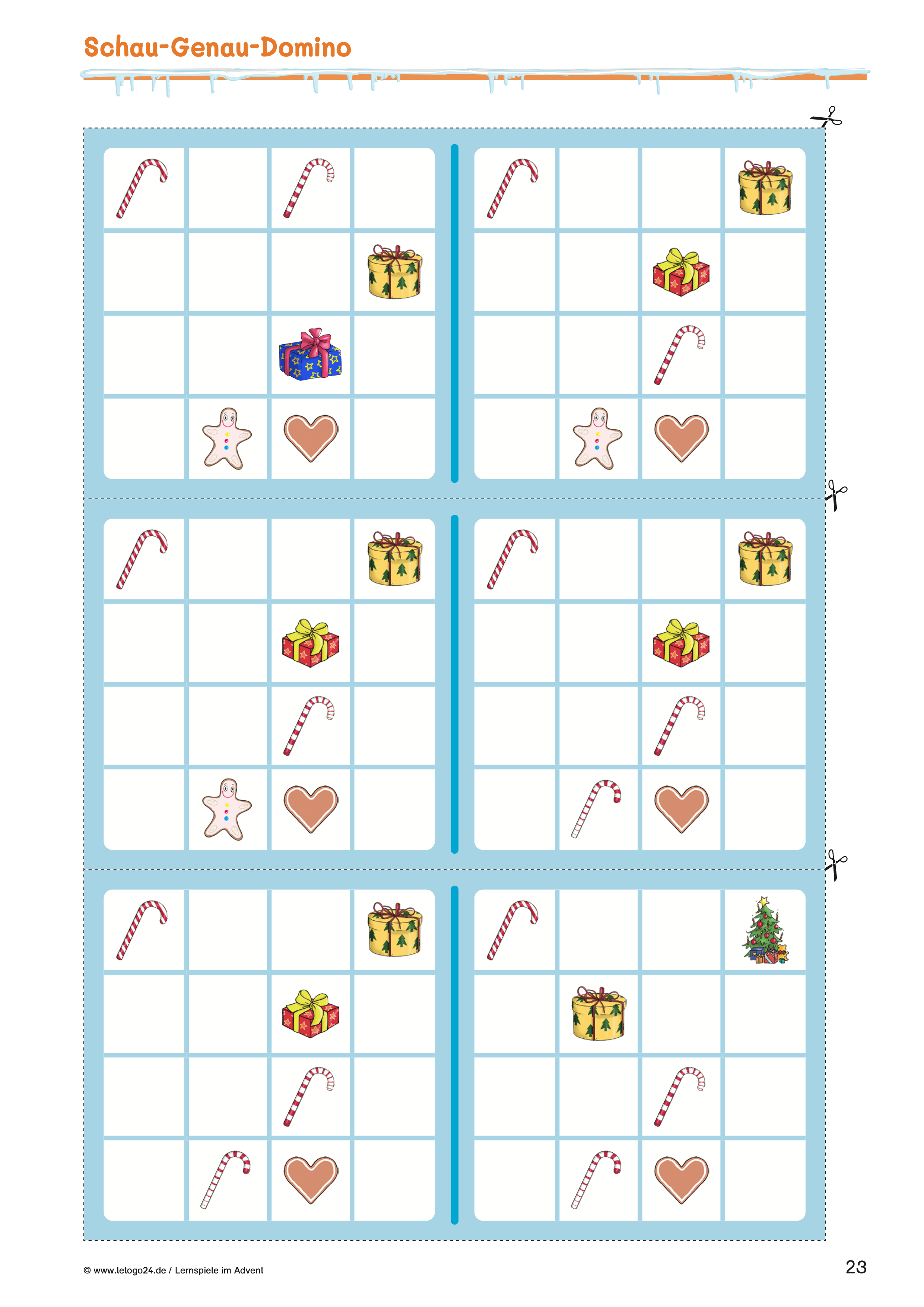 Weihnachtliches Domino-Spiel für Kinder mit sechs Bildkarten. Jede Karte zeigt zwei festliche Motive wie Geschenke, Lebkuchen, Herzen oder Tannenbaum. Ziel: visuelle Muster erkennen und passend kombinieren.