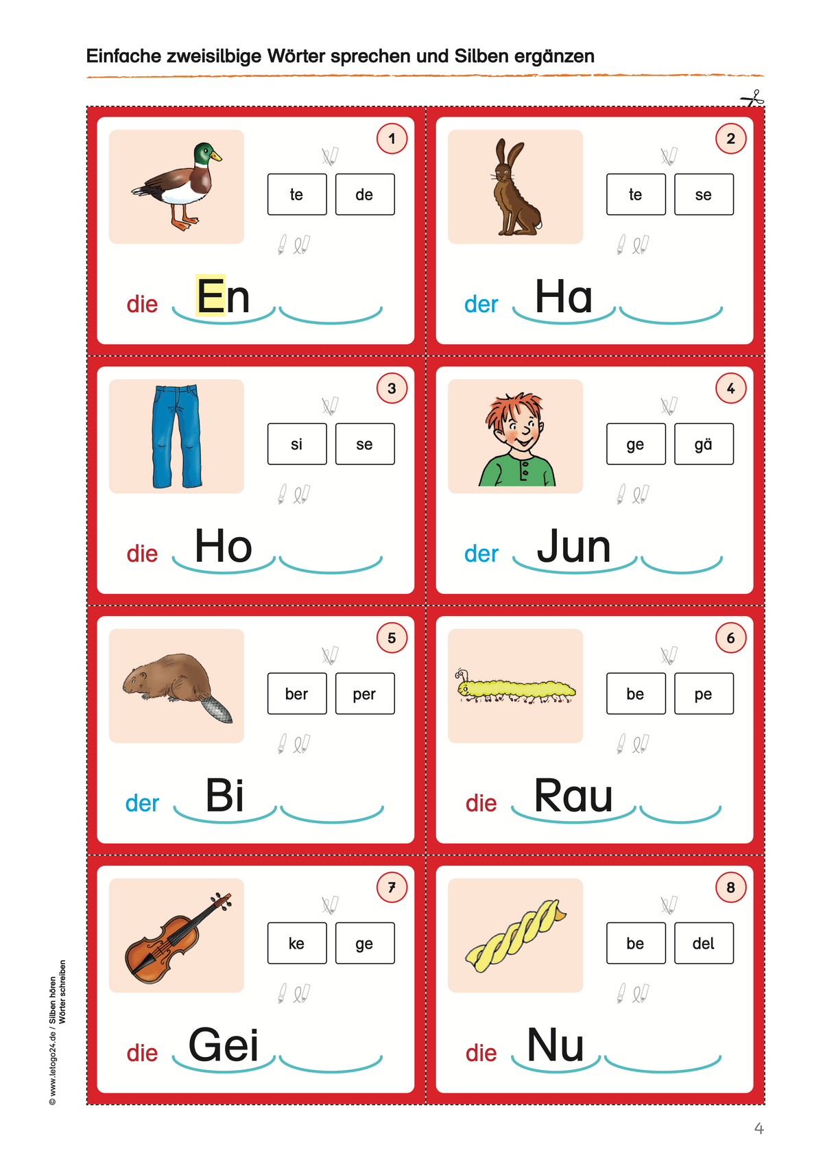 Silbenkarten: Silben hören – Wörter schreiben – 1. und 2. Klasse