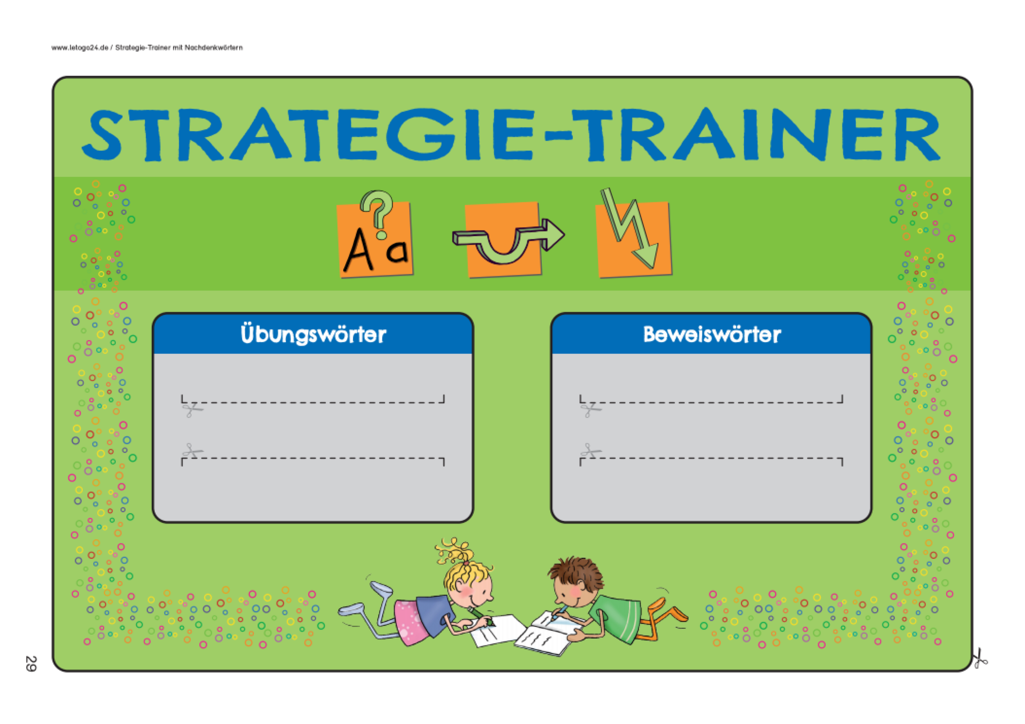 Lernmaterial zum Training einfacher Rechtschreibregeln - ein grüner, rechteckiger Strategie-Trainer mit den Strategiesymbolen `groß oder klein`, `ableitten` und `verlängern` und der Illustration: zwei lernende Kinder.
