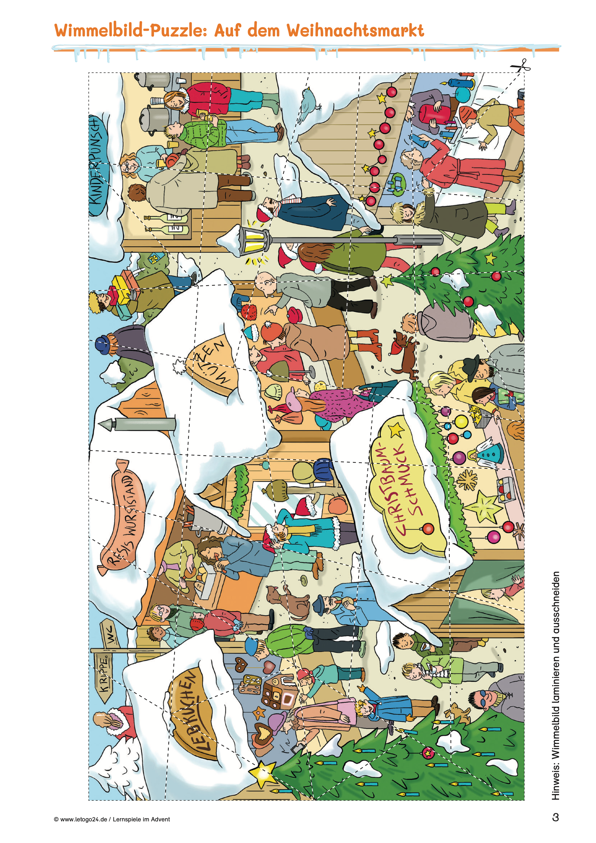 Buntes Wimmelbild zum Thema "Auf dem Weihnachtsmarkt" mit bunten Marktständen und Menschen, die auf dem Markt bummeln.