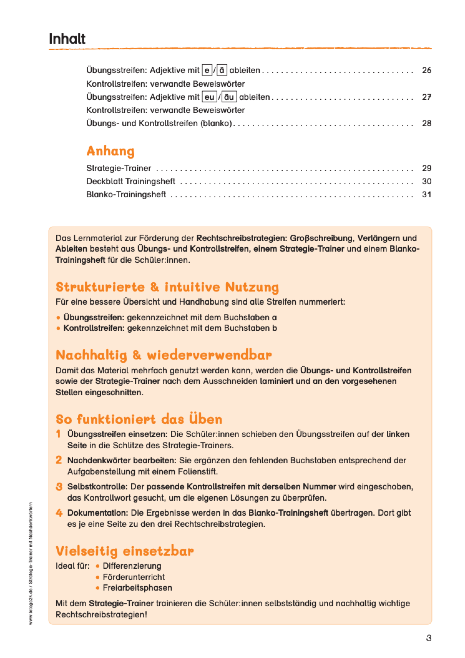 Zweite Seite des Inhaltsverzeichnisses des E-Books: Strategie-Trainer mit Nachdenkwörtern mit Hinweisen zum Gebrauch des Lernmaterials