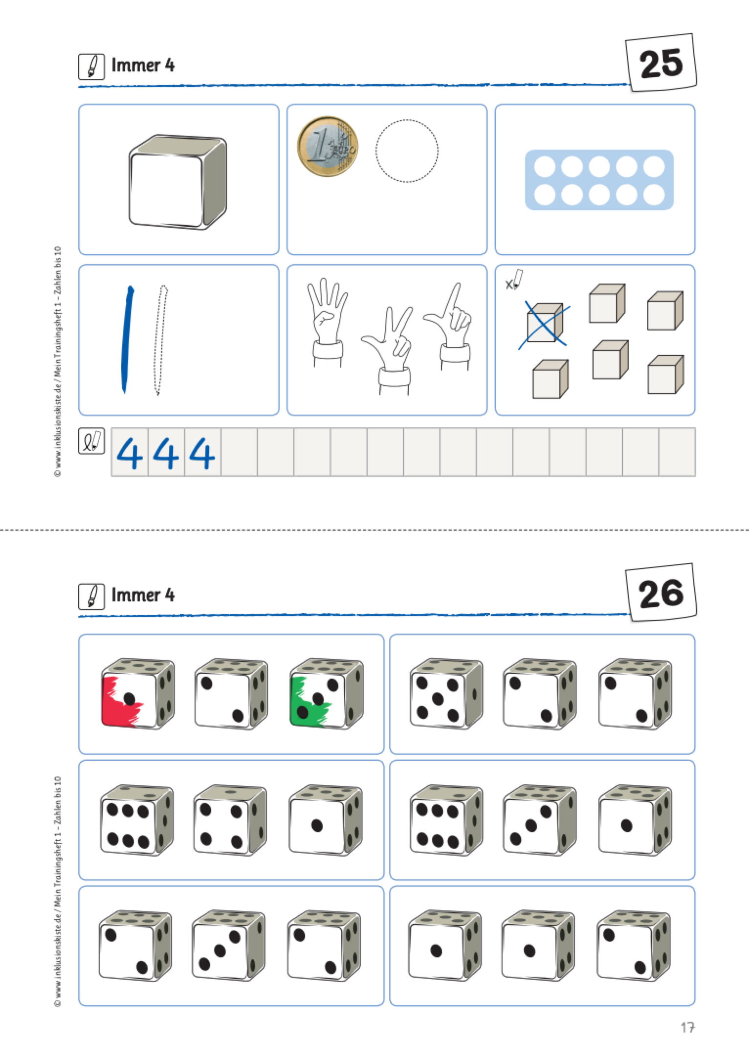 Zwei Arbeitsblätter zum Thema „Immer 4“. Die erste Seite zeigt visuelle Darstellungen der Zahl 4 – darunter ein Würfel, ein Euro-Stück, Punktfelder, Zahlenstrahlen und Hände mit Fingerzählung. Die zweite Seite enthält ein 4×4-Gitter aus Würfeln mit unterschiedlichen Augenzahlen, teils farblich markiert. Beide Seiten fördern das Erkennen und Verstehen der Zahl 4.