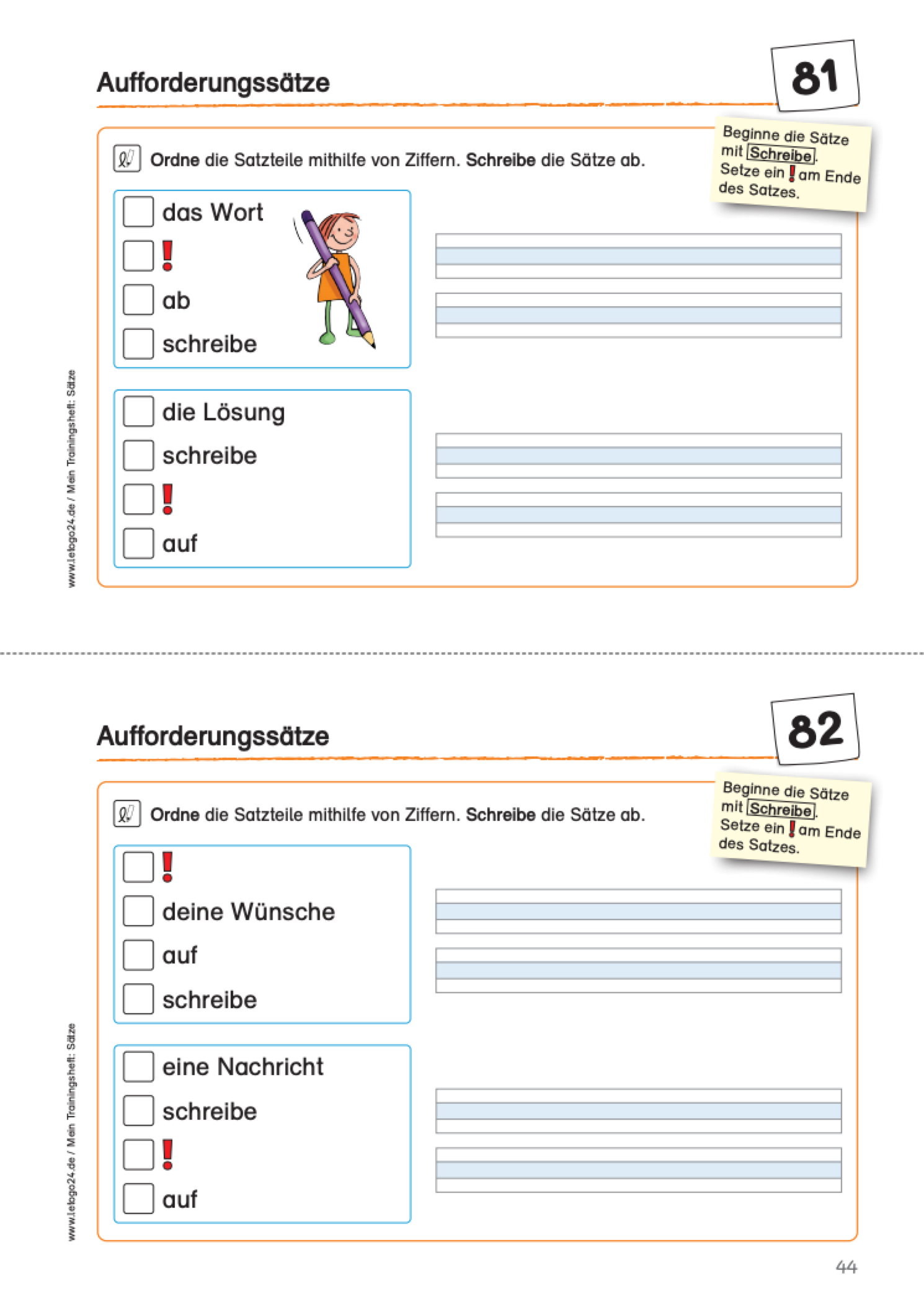 Zweiteiliges Arbeitsblatt aus dem E-Book ‚Mein Trainingsheft: Sätze‘ mit zwei Übungen zum Zusammensetzen vorgegebener Satzteile zu vollständigen Aufforderungssätzen.