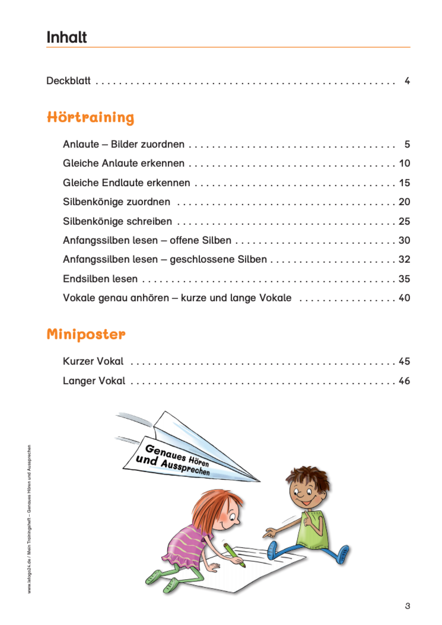Inhaltsverzeichnis des Lernmaterials für Grundschüler: `Mein Trainingsheft: Genaues Hören und Aussprechen`