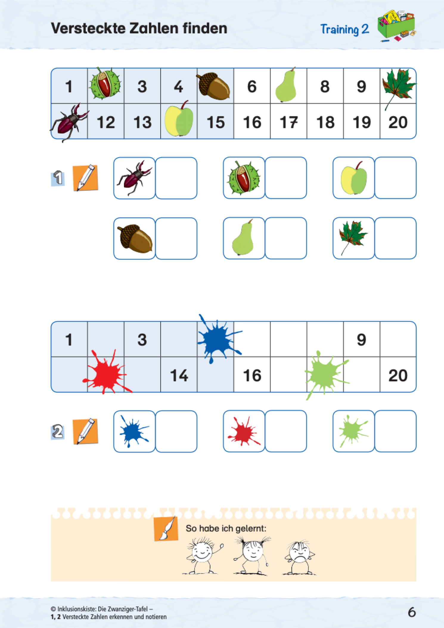 Arbeitsblatt für Grundschüler aus dem
E-Book: `Die Zwanzigertafel` mit Orientierungsübungen in der Zwanzigertafel