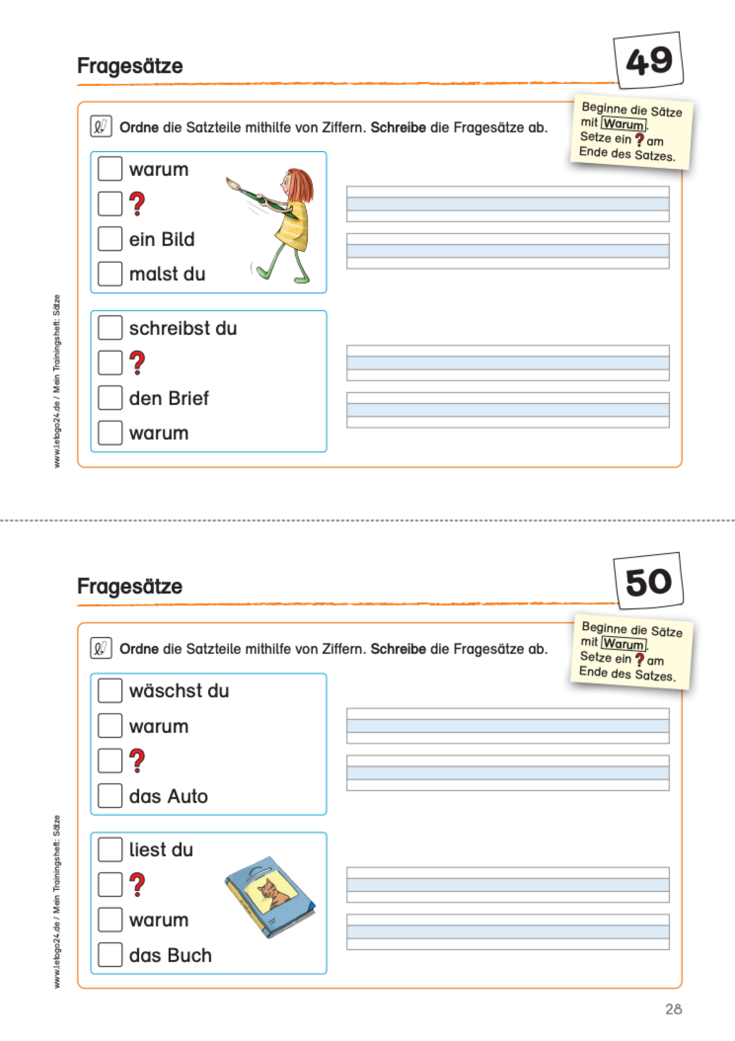 Zweiteiliges Arbeitsblatt aus dem E-Book ‚Mein Trainingsheft: Sätze‘ mit zwei Übungen zum Zusammensetzen vorgegebener Satzteile zu vollständigen Fragesätzen.