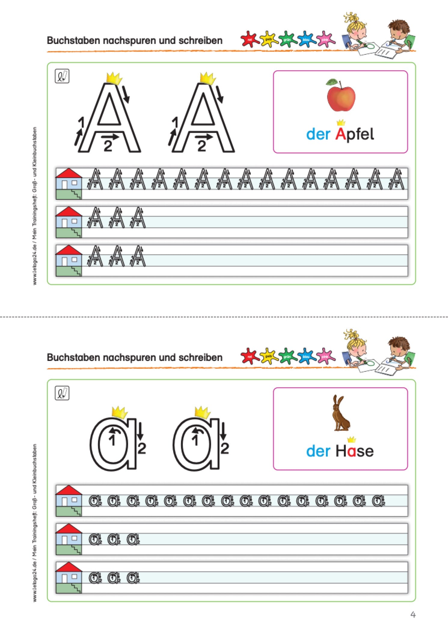 Arbeitsblatt aus des E-Books: `Mein Trainingsheft: Groß- und Kleinbuchstaben` mit dreigliedrigen Schreibzeilen und den Druckbuchstaben A und a mit Schreibrichtungspfeilen zum Nachspuren und Üben.