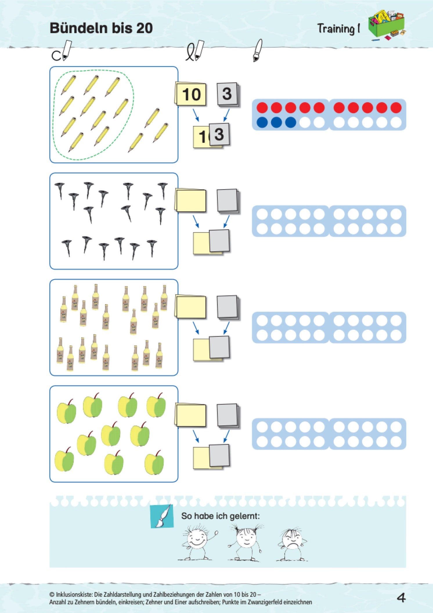 Arbeitsblatt des E-Books `Die Zahldarstellungund Zahlbeziehungen der Zahlen von 10 bis 20` mit vier verschiednen Mengendarstelungen zum BĂŒndeln, einem Punktbild sowie drei Zwanzigerfelddarstellungen zum Malen der Punktbilder.